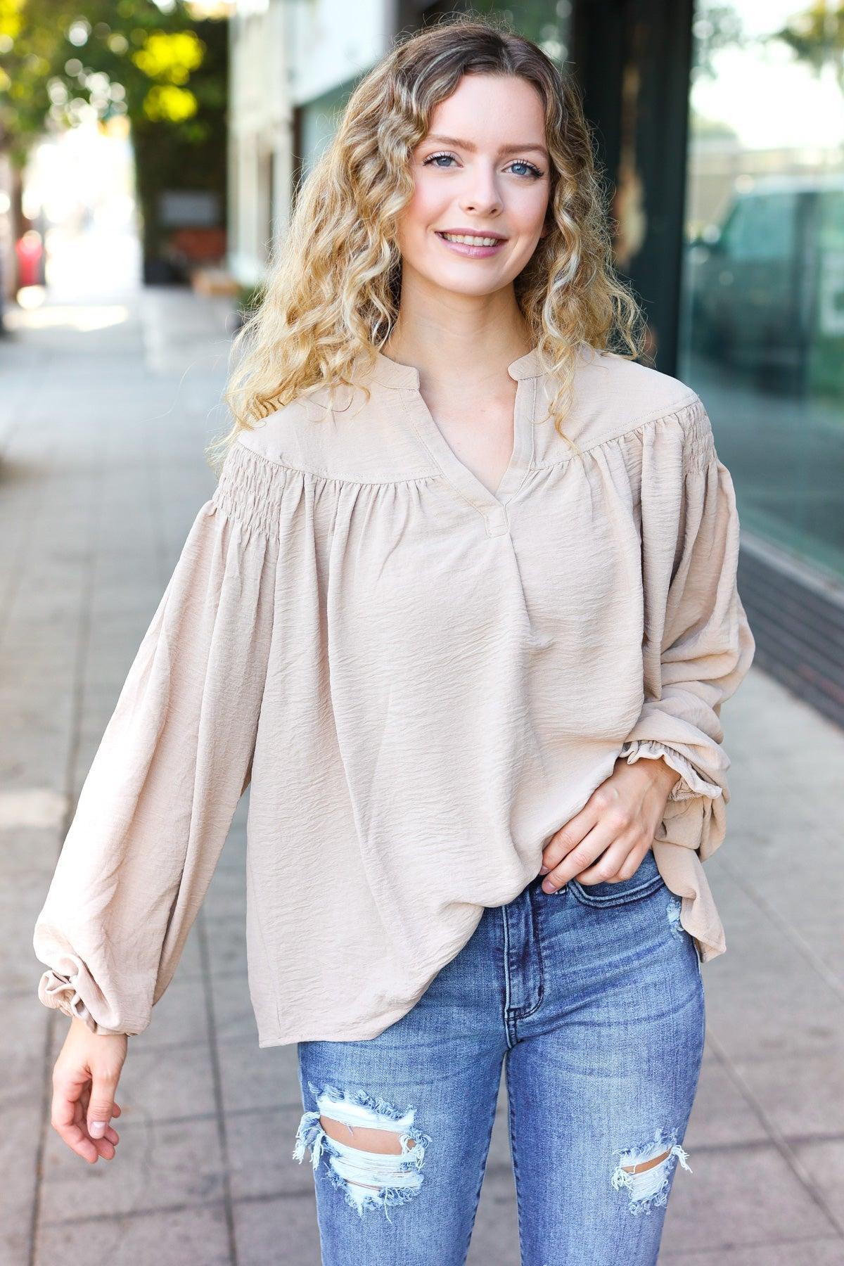 Boho Vibes Taupe Notched Neck Smocked Bubble Sleeve Top-Evelyns Fashion