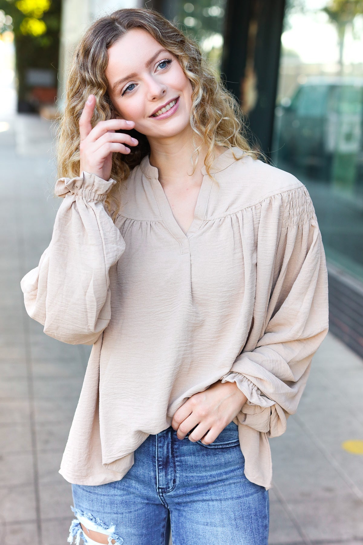 Boho Vibes Taupe Notched Neck Smocked Bubble Sleeve Top-Evelyns Fashion