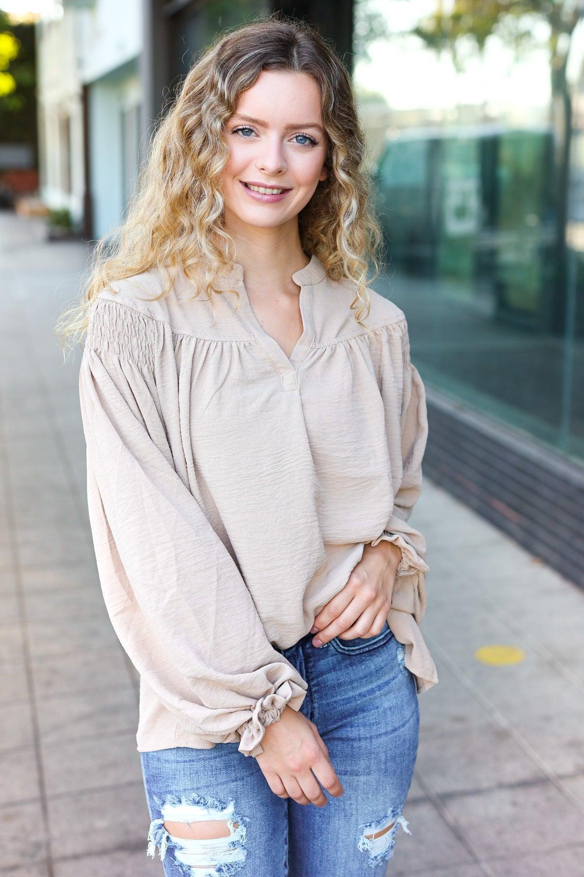 Boho Vibes Taupe Notched Neck Smocked Bubble Sleeve Top-Evelyns Fashion