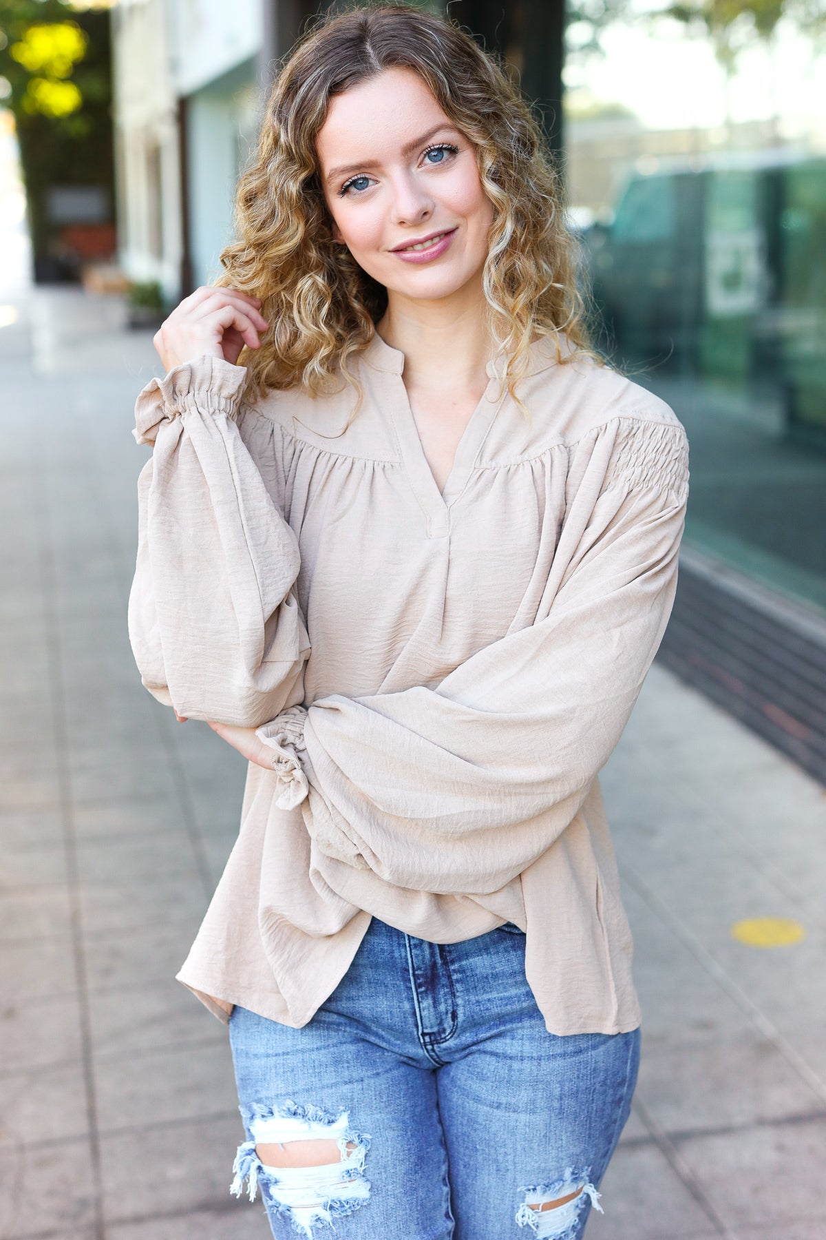 Boho Vibes Taupe Notched Neck Smocked Bubble Sleeve Top-Evelyns Fashion