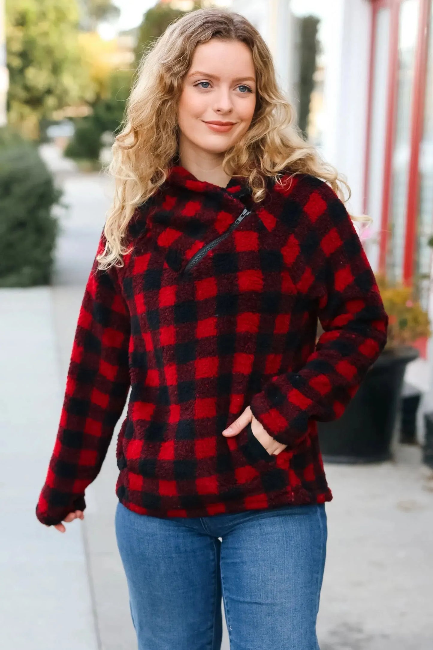 Bold & Cozy: Red Asymmetrical Zip Sweater-Evelyns Fashion