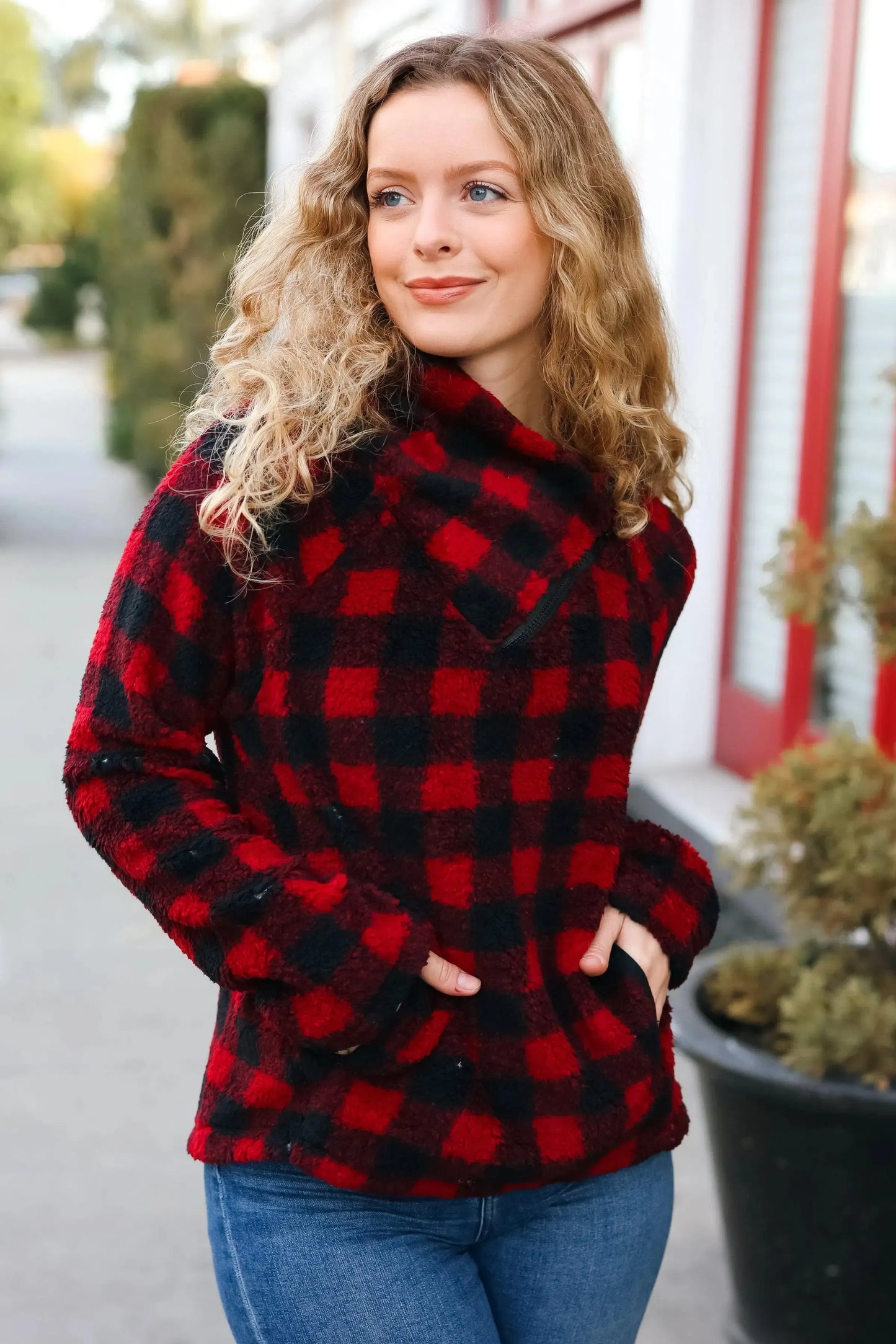 Bold & Cozy: Red Asymmetrical Zip Sweater-Evelyns Fashion