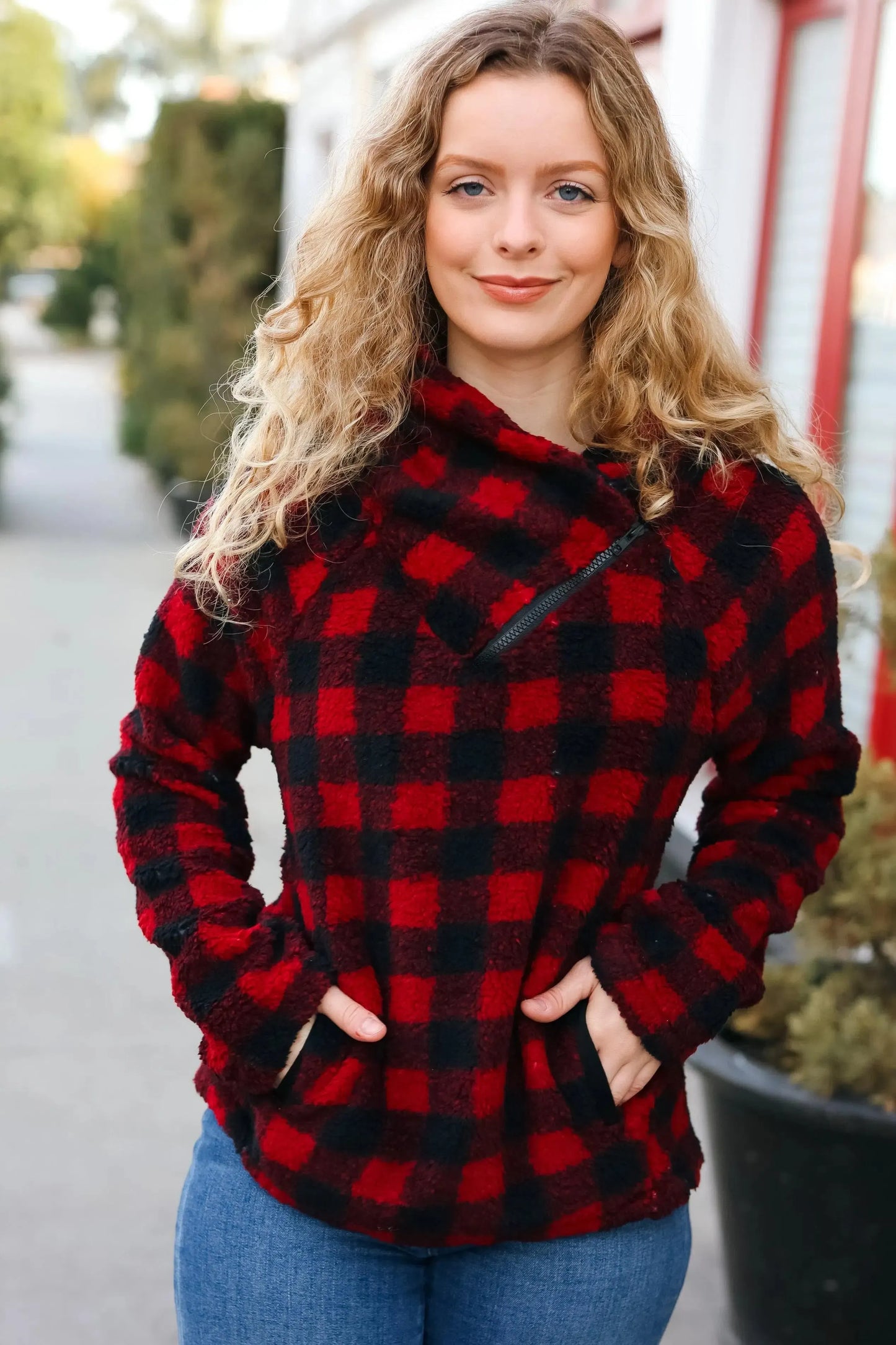 Bold & Cozy: Red Asymmetrical Zip Sweater-Evelyns Fashion
