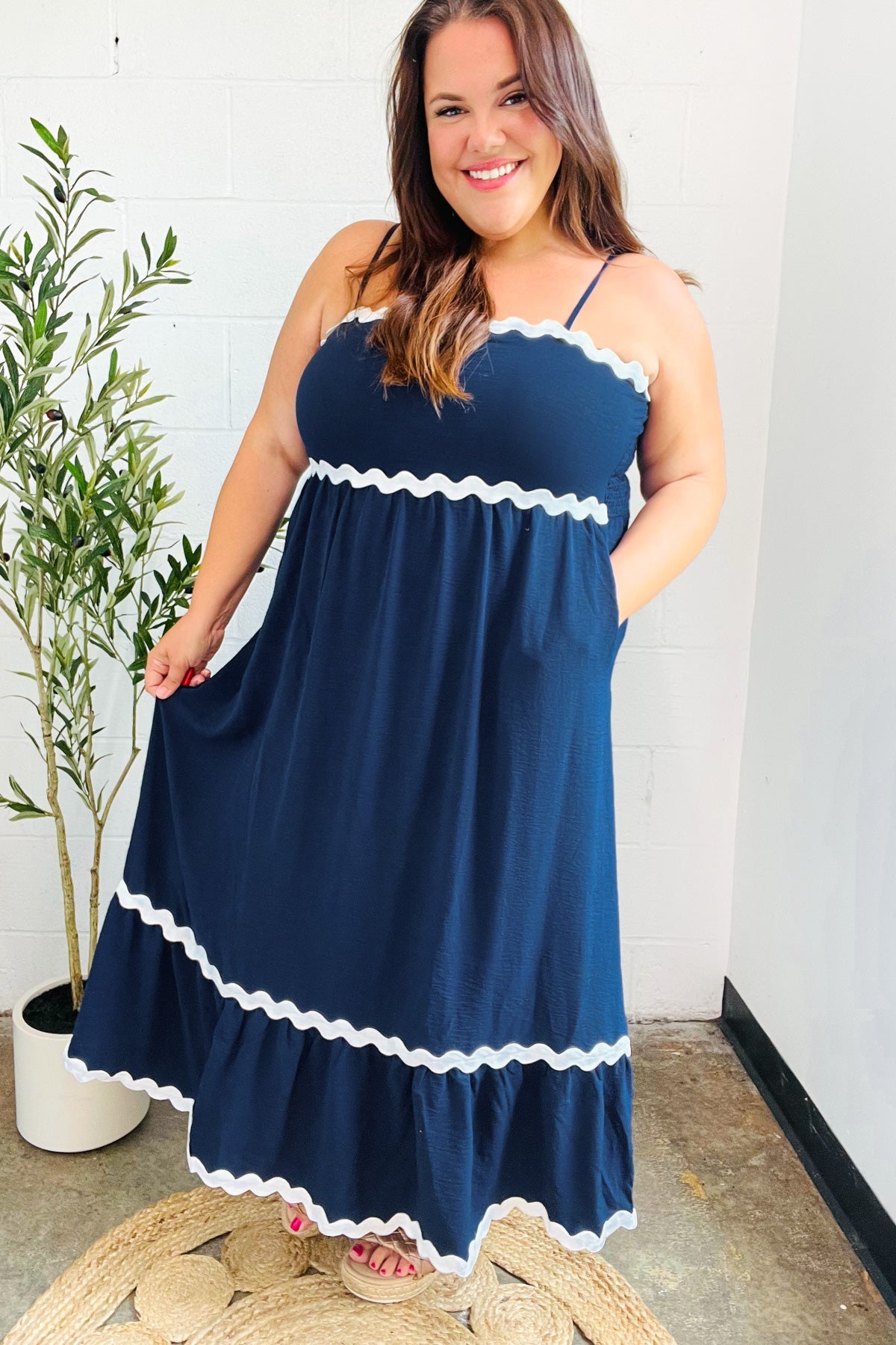 Bold & Sassy Navy Square Neck Ric Rac Trim Adjustable Straps Maxi-Evelyns Fashion