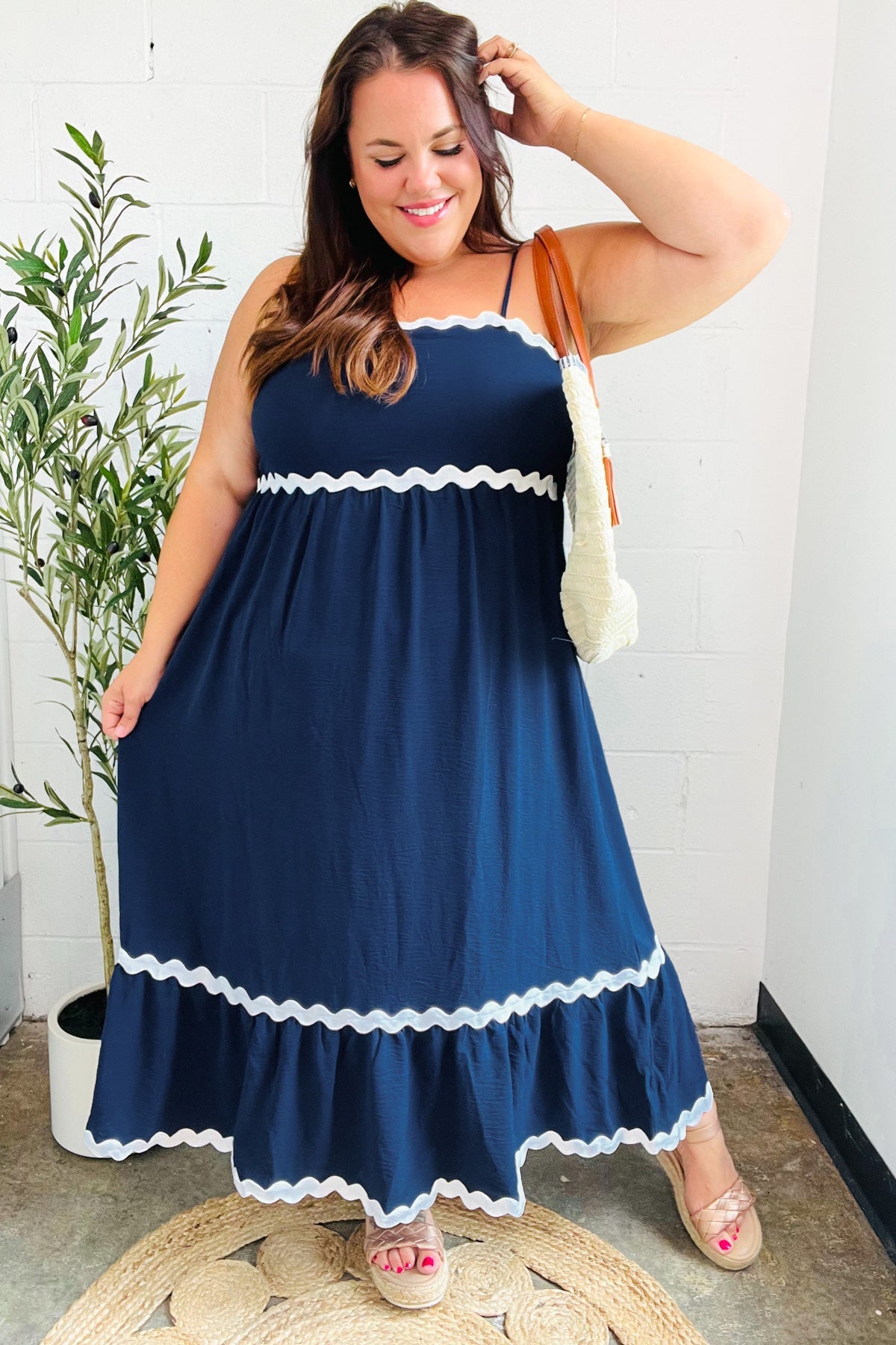Bold & Sassy Navy Square Neck Ric Rac Trim Adjustable Straps Maxi-Evelyns Fashion