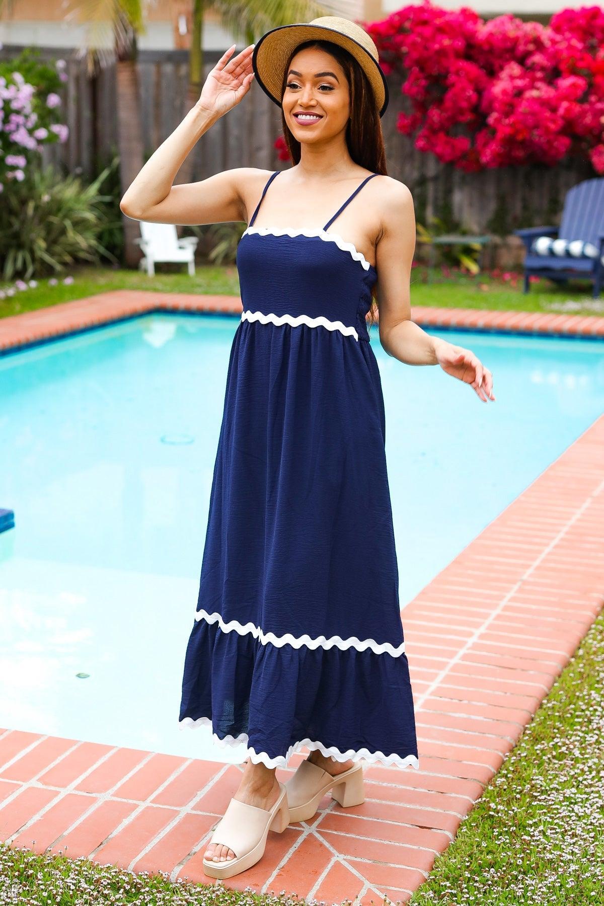 Bold & Sassy Navy Square Neck Ric Rac Trim Adjustable Straps Maxi-Evelyns Fashion