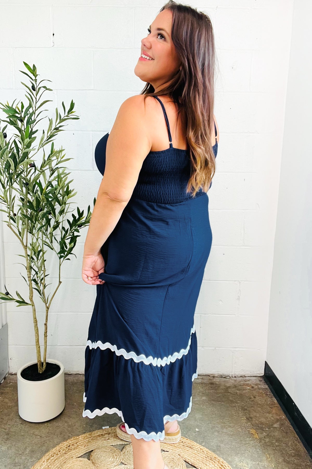 Bold & Sassy Navy Square Neck Ric Rac Trim Adjustable Straps Maxi-Evelyns Fashion