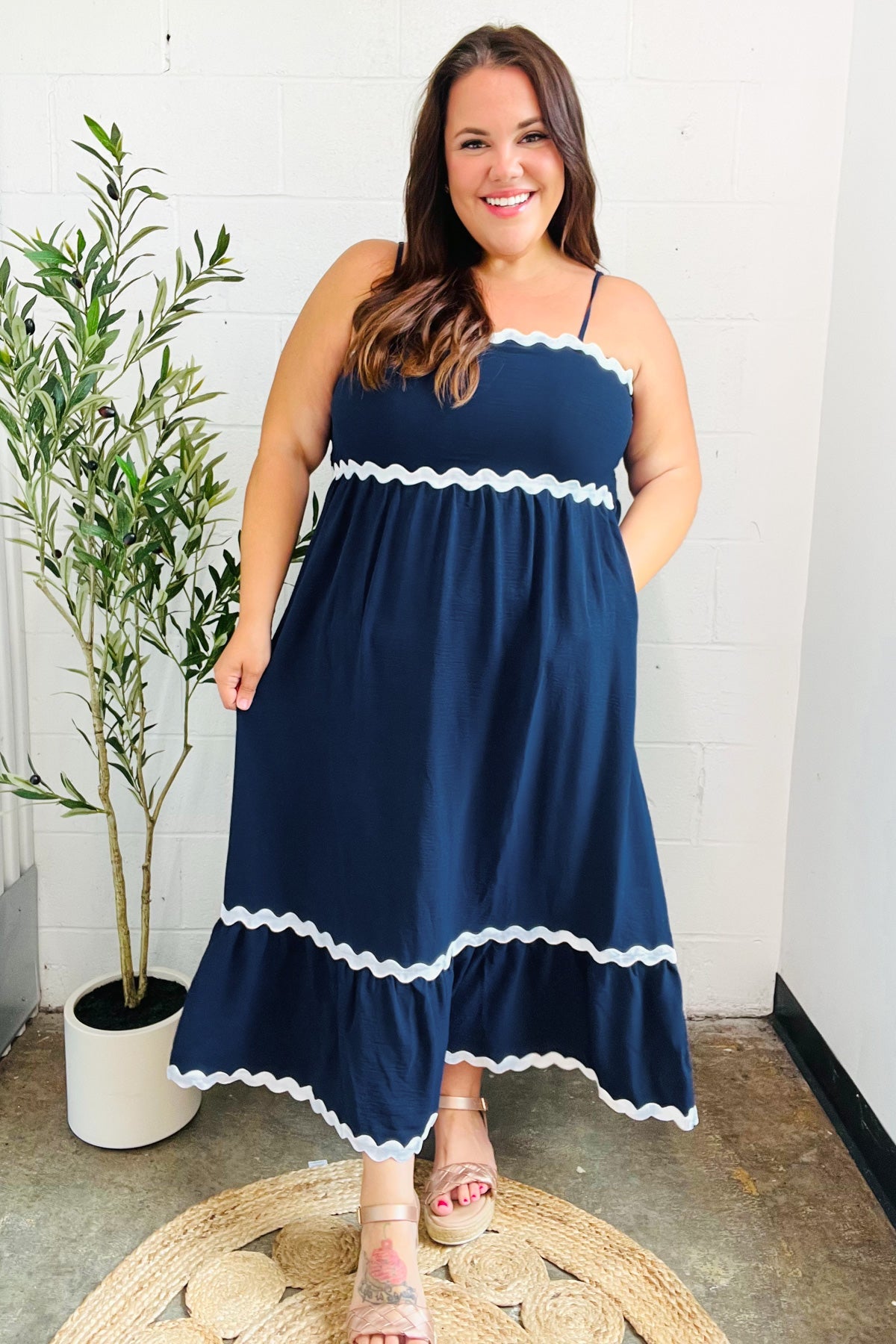 Bold & Sassy Navy Square Neck Ric Rac Trim Adjustable Straps Maxi-Evelyns Fashion