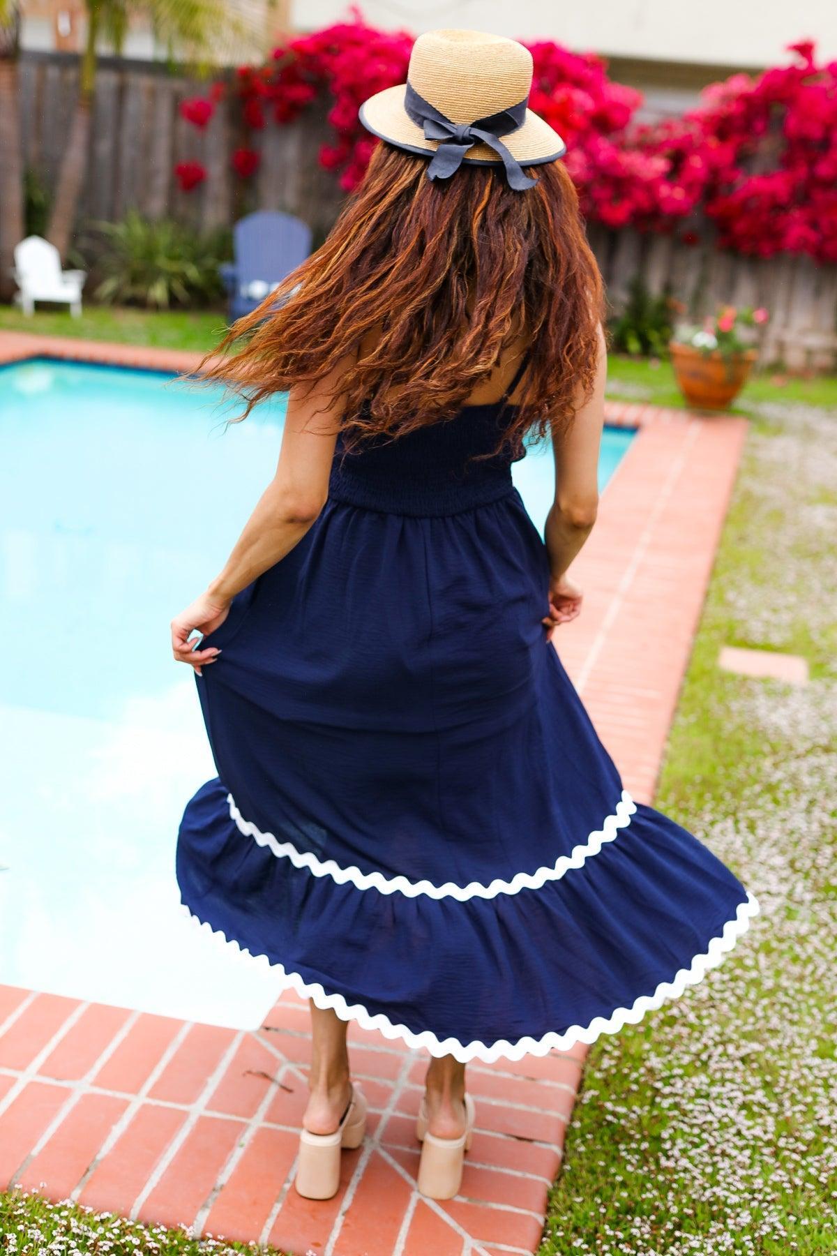 Bold & Sassy Navy Square Neck Ric Rac Trim Adjustable Straps Maxi-Evelyns Fashion