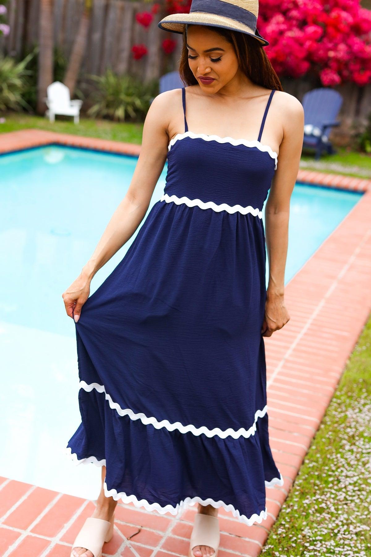 Bold & Sassy Navy Square Neck Ric Rac Trim Adjustable Straps Maxi-Evelyns Fashion