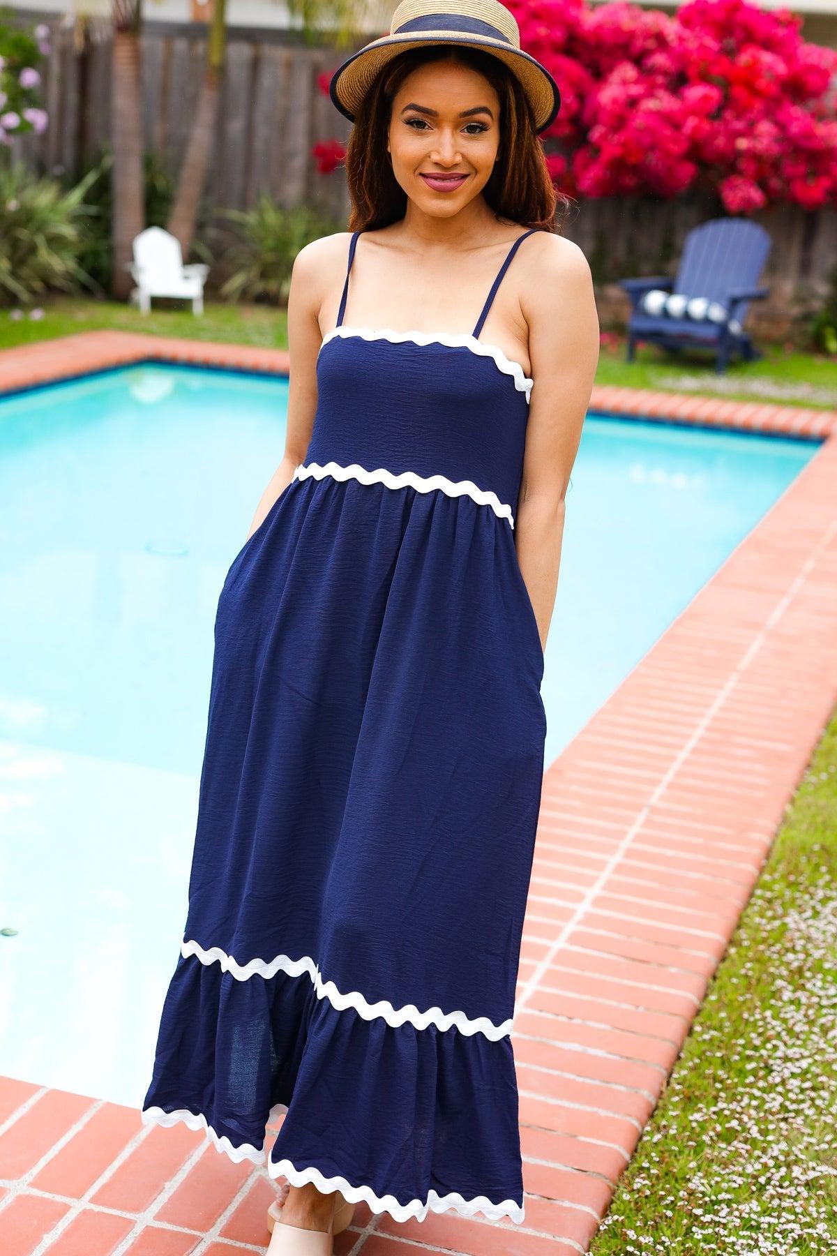 Bold & Sassy Navy Square Neck Ric Rac Trim Adjustable Straps Maxi-Evelyns Fashion