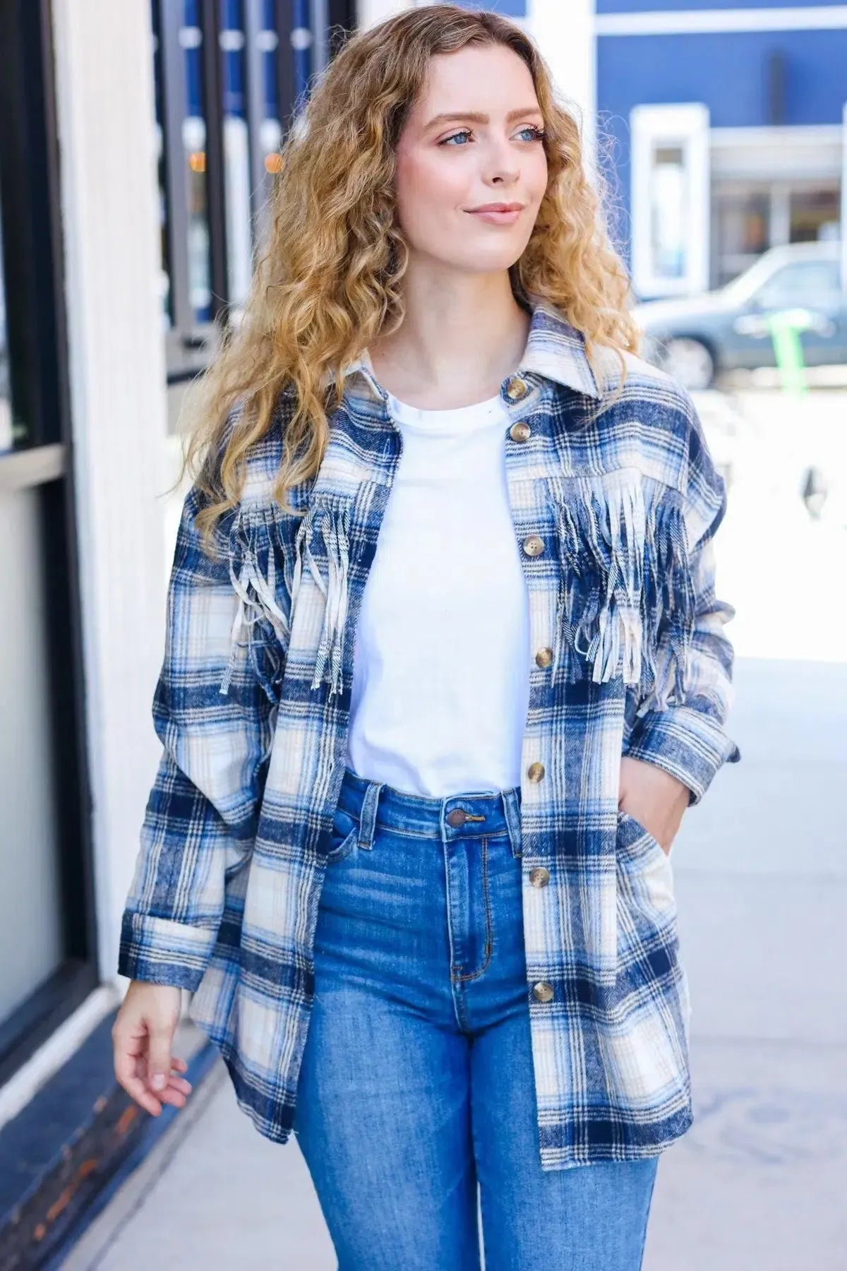 Boldly You Navy Plaid Fringe Button Down Shacket-Evelyns Fashion