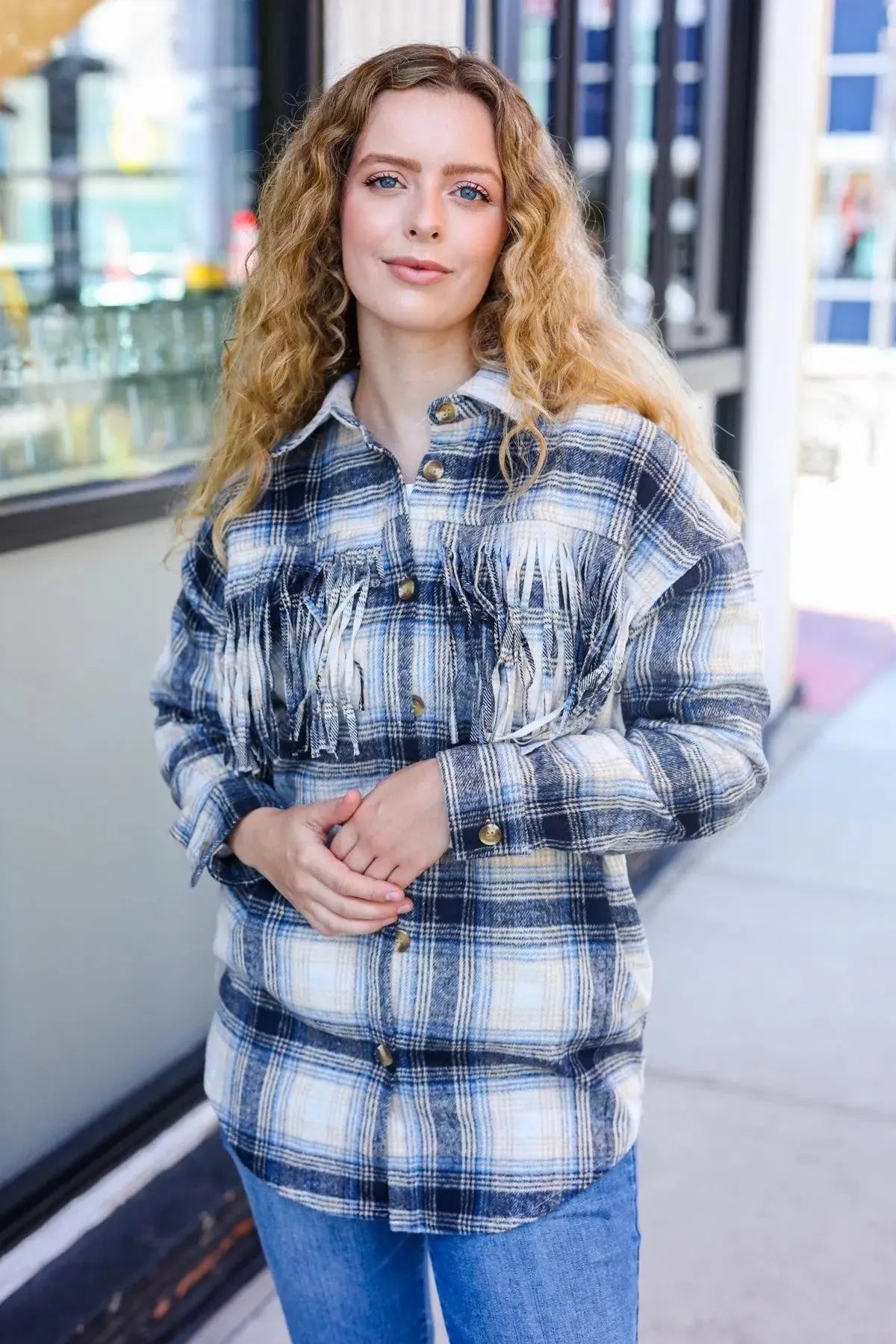 Boldly You Navy Plaid Fringe Button Down Shacket-Evelyns Fashion