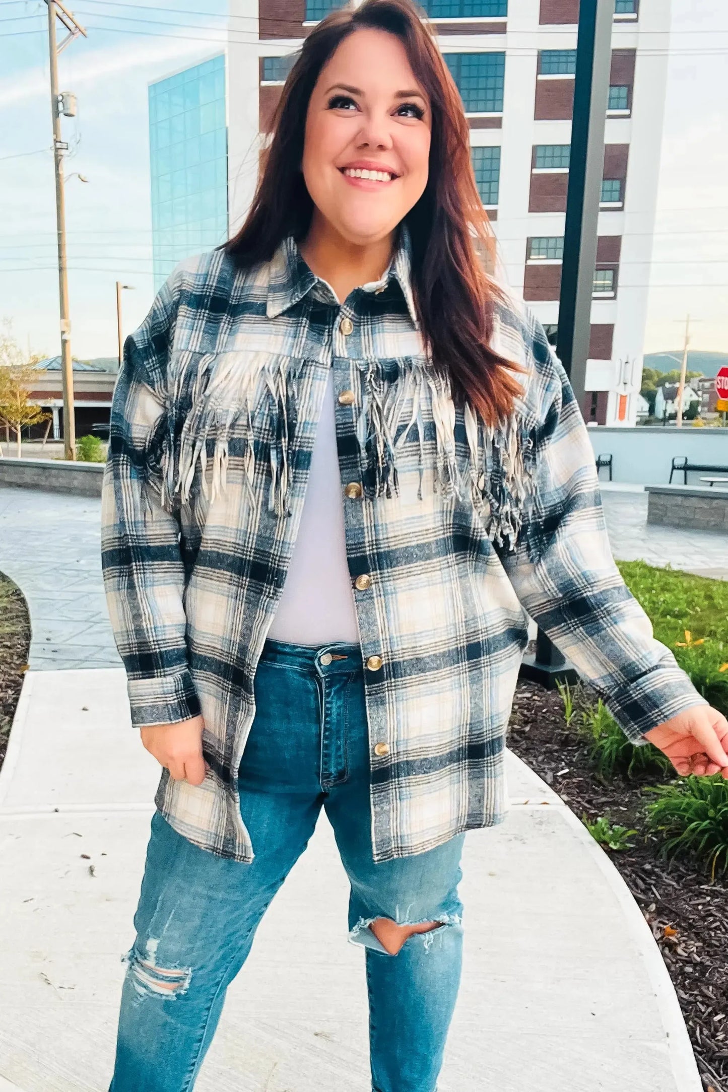 Boldly You Navy Plaid Fringe Button Down Shacket-Evelyns Fashion