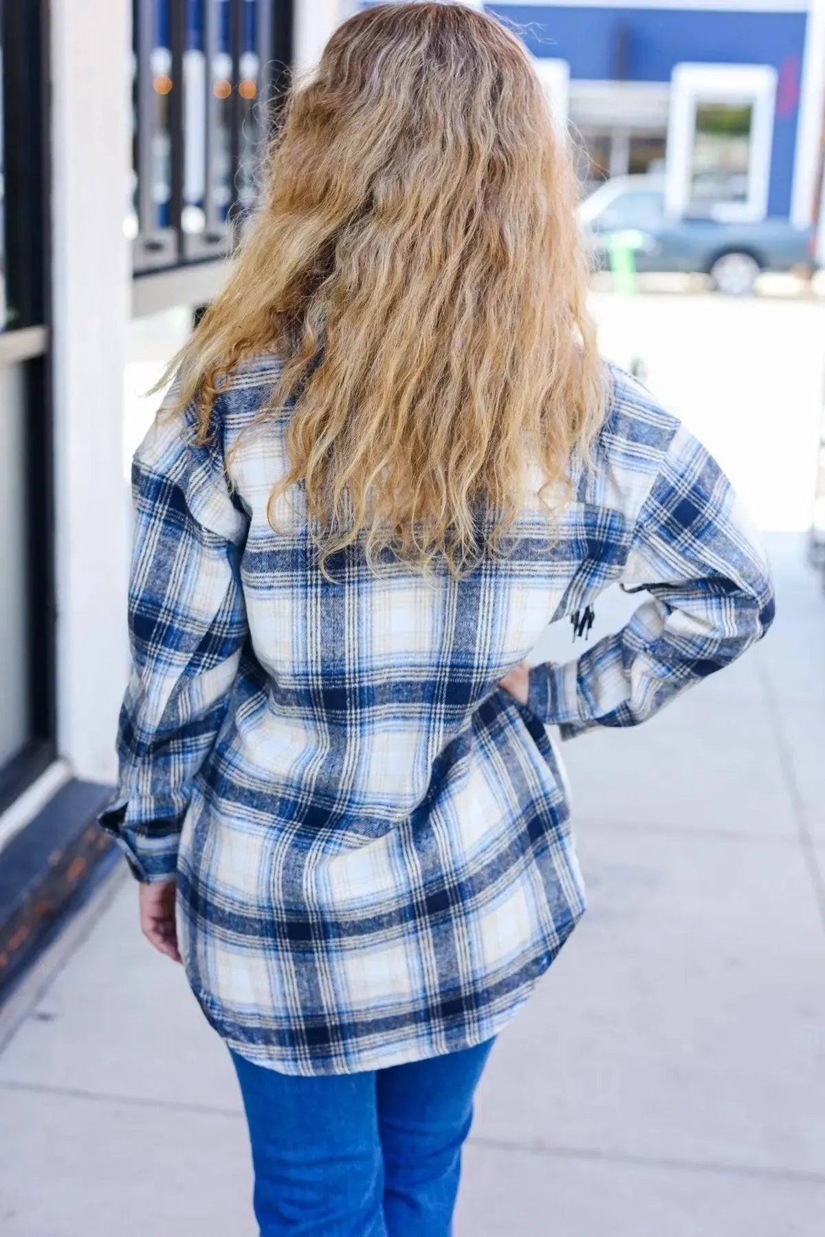 Boldly You Navy Plaid Fringe Button Down Shacket-Evelyns Fashion