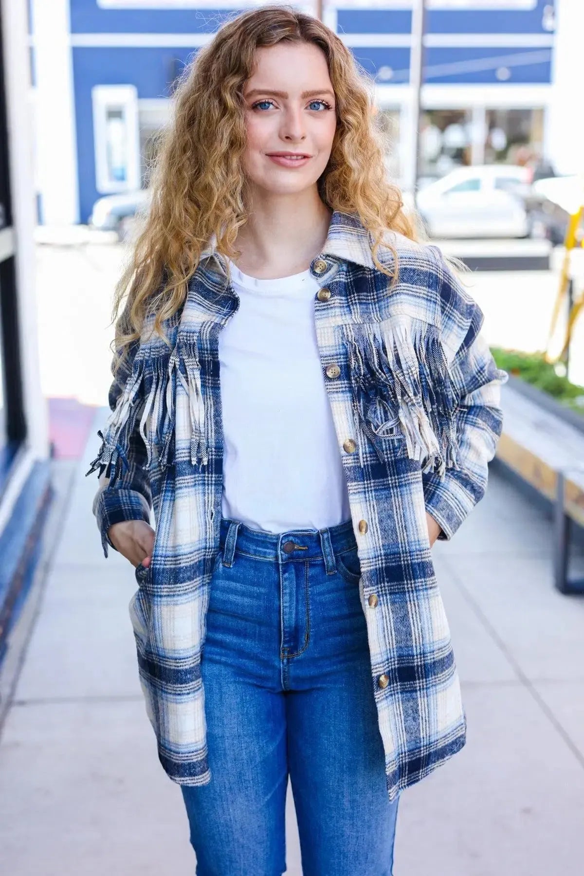 Boldly You Navy Plaid Fringe Button Down Shacket-Evelyns Fashion
