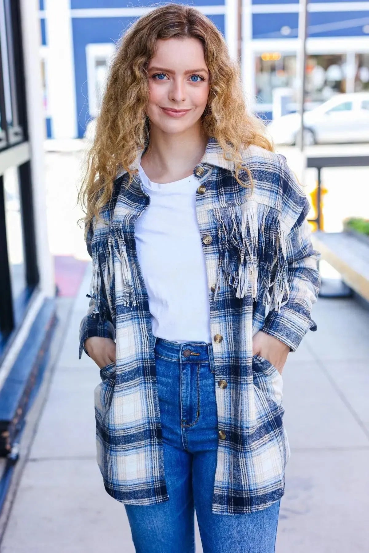 Boldly You Navy Plaid Fringe Button Down Shacket-Evelyns Fashion