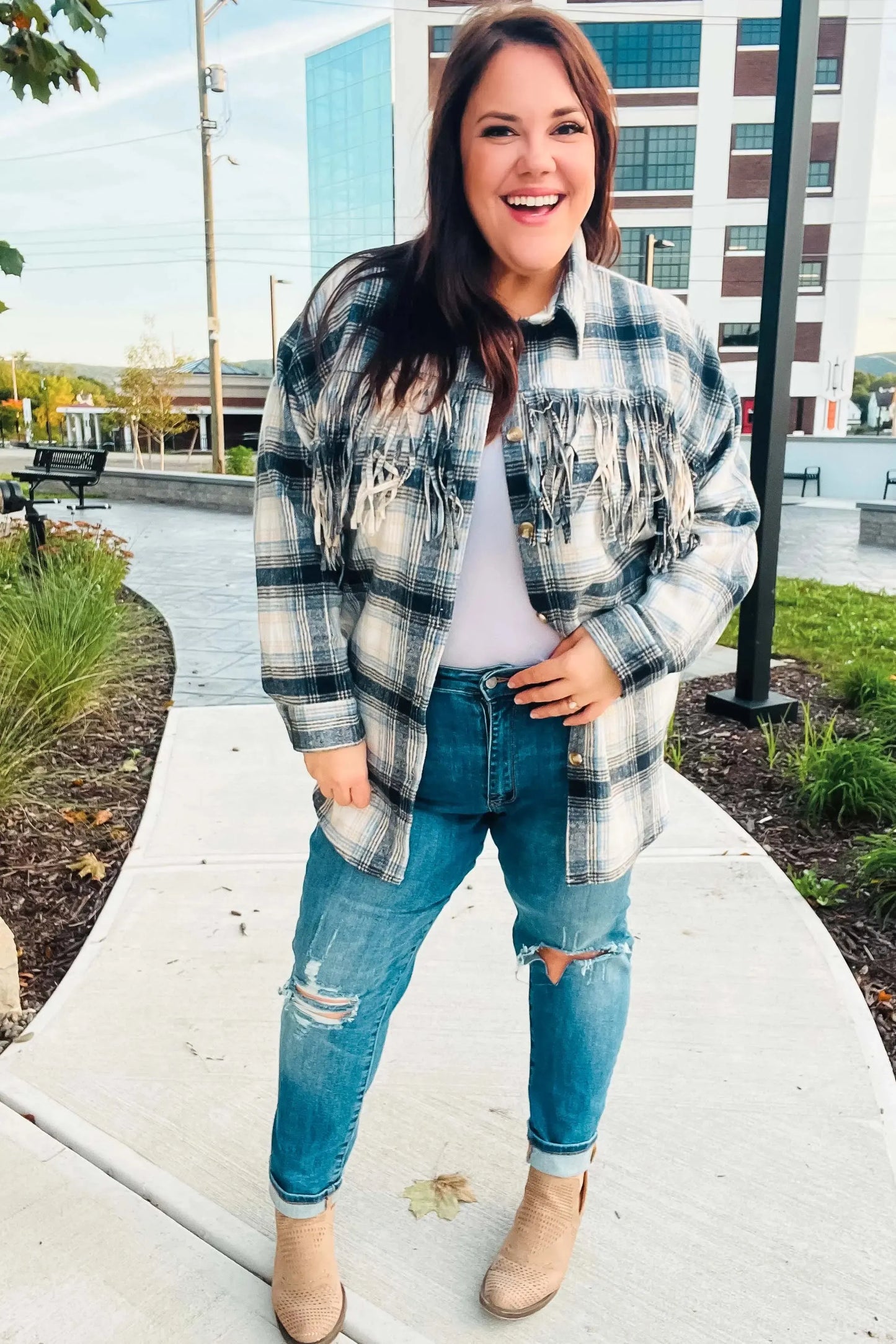 Boldly You Navy Plaid Fringe Button Down Shacket-Evelyns Fashion