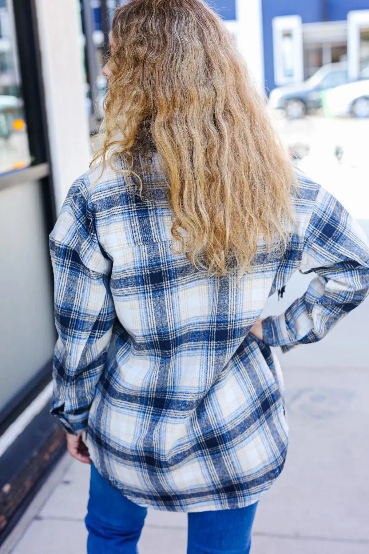 Boldly You Navy Plaid Fringe Button Down Shacket-Evelyns Fashion