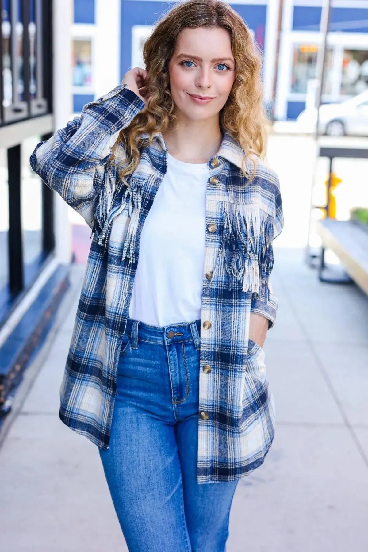 Boldly You Navy Plaid Fringe Button Down Shacket-Evelyns Fashion
