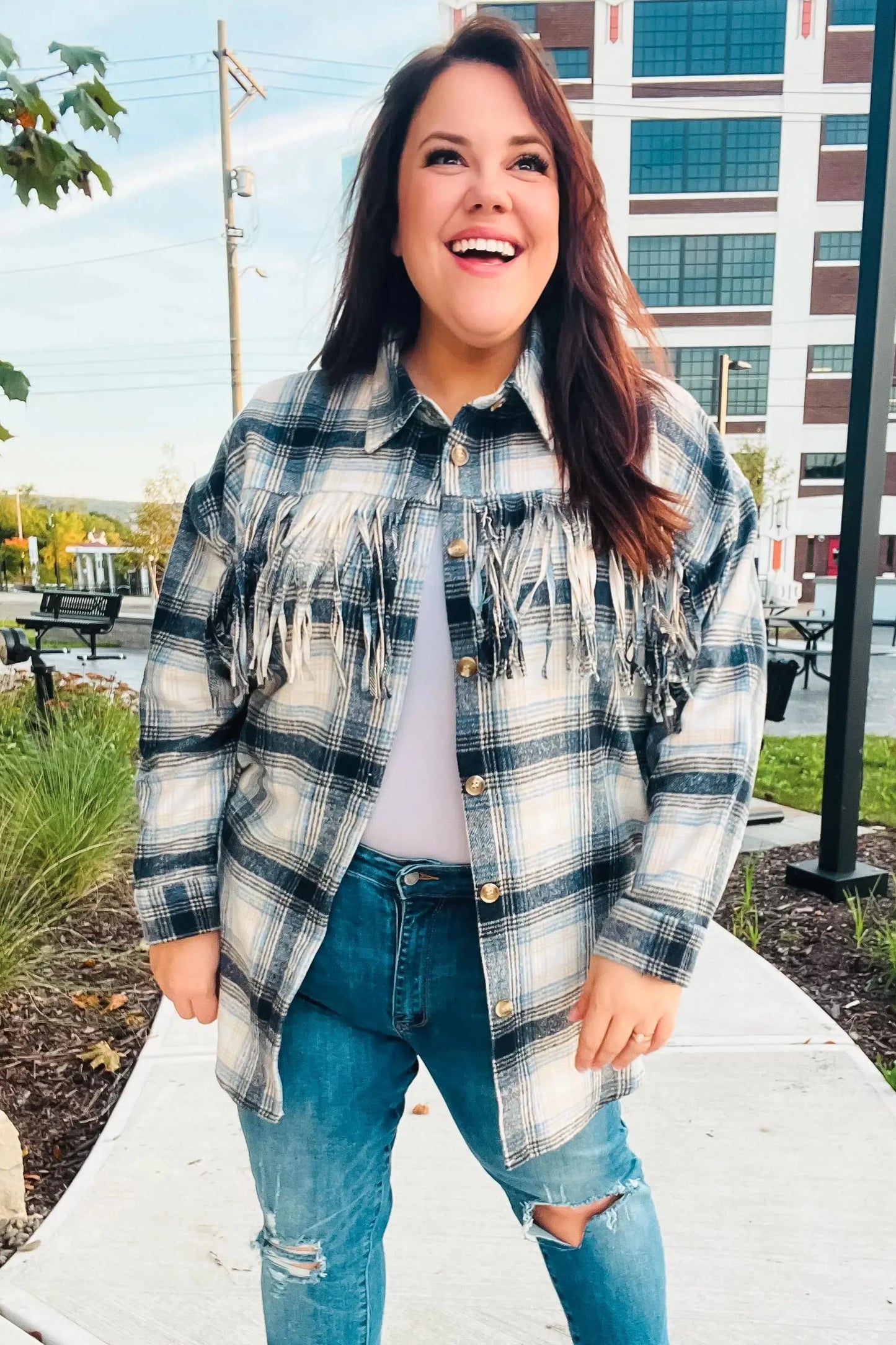 Boldly You Navy Plaid Fringe Button Down Shacket-Evelyns Fashion
