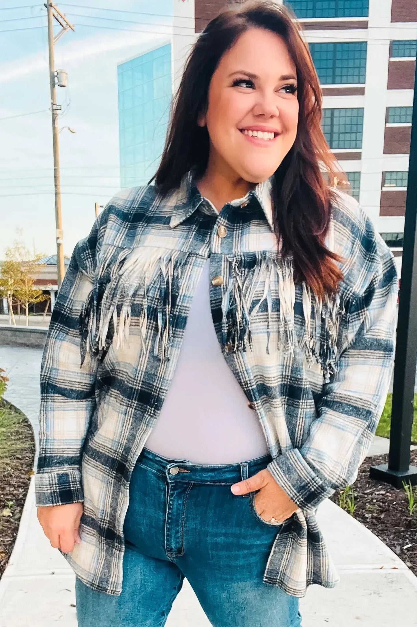 Boldly You Navy Plaid Fringe Button Down Shacket-Evelyns Fashion