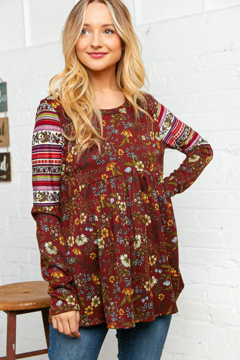 Burgundy Hacci Babydoll Ethnic Sleeve Top-Evelyns Fashion