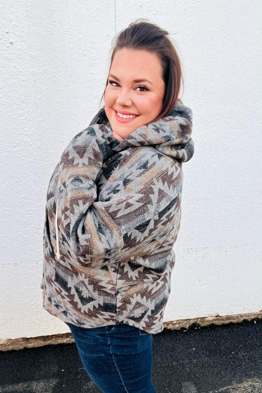 Call For You Grey Aztec Half Zip High Neck Hoodie-Evelyns Fashion
