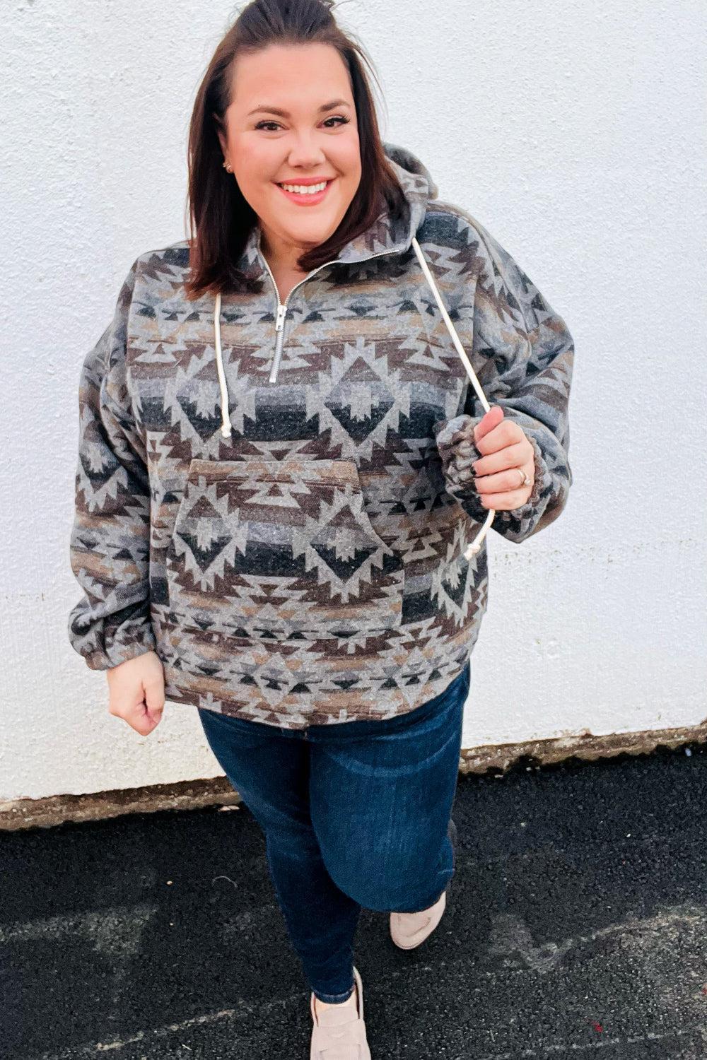 Call For You Grey Aztec Half Zip High Neck Hoodie-Evelyns Fashion