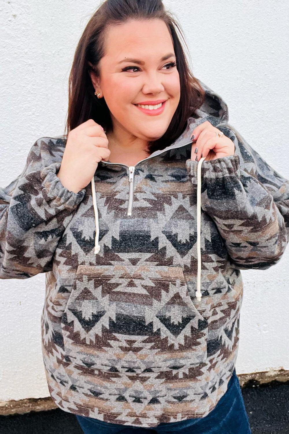 Call For You Grey Aztec Half Zip High Neck Hoodie-Evelyns Fashion