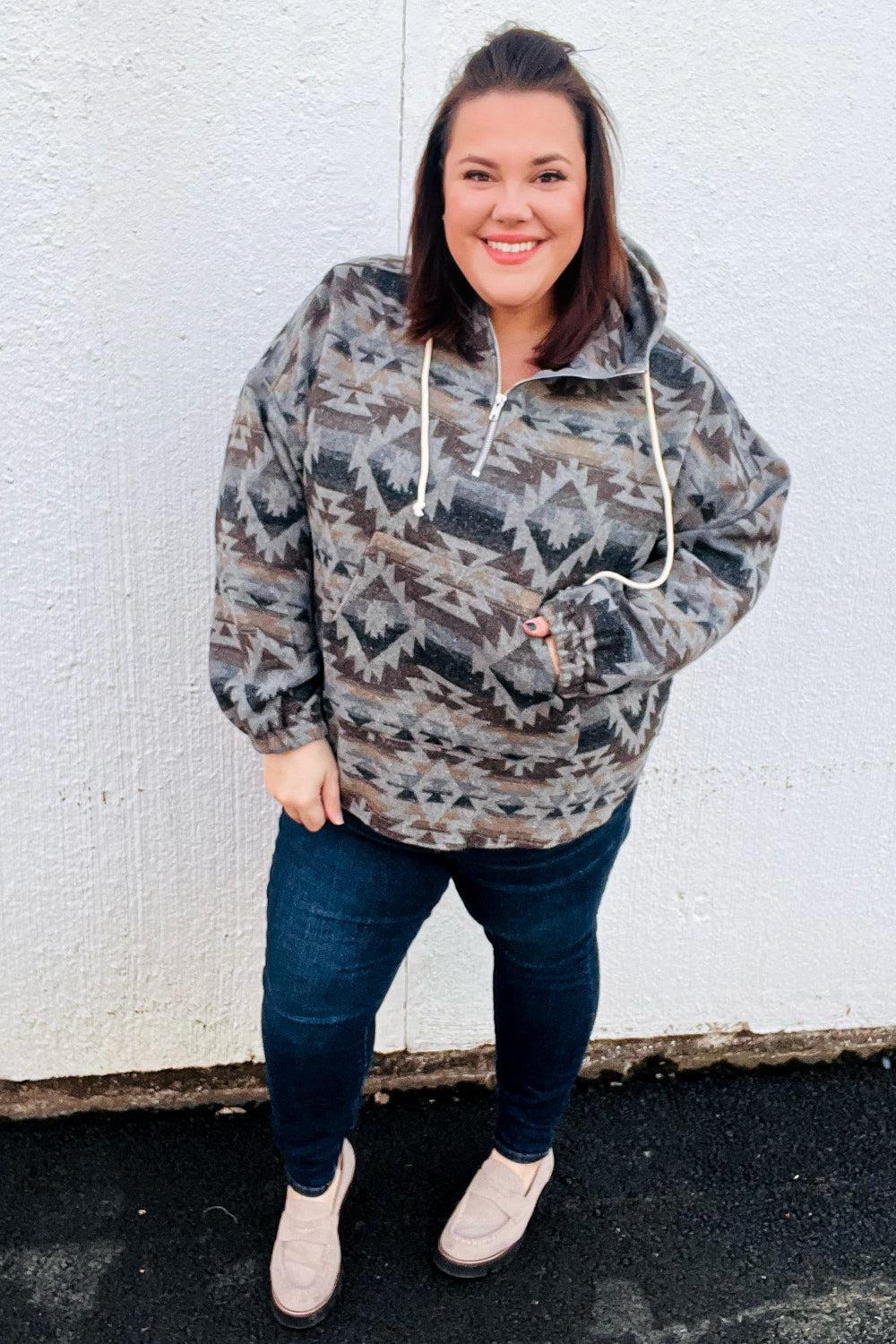 Call For You Grey Aztec Half Zip High Neck Hoodie-Evelyns Fashion