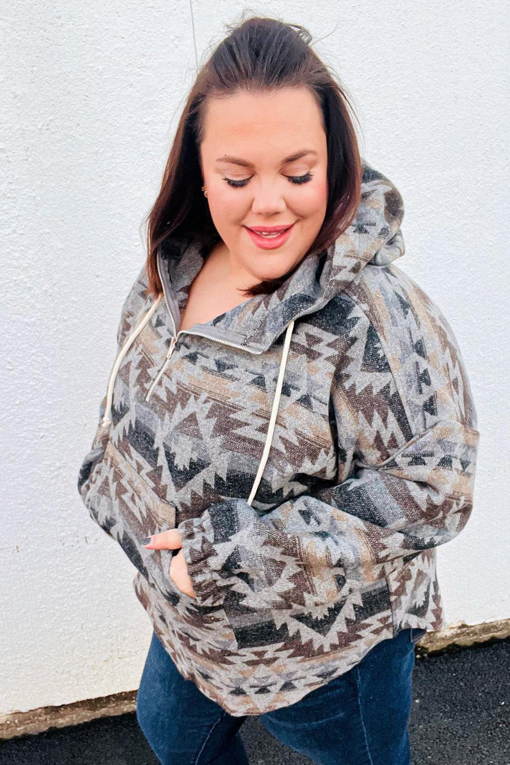Call For You Grey Aztec Half Zip High Neck Hoodie-Evelyns Fashion