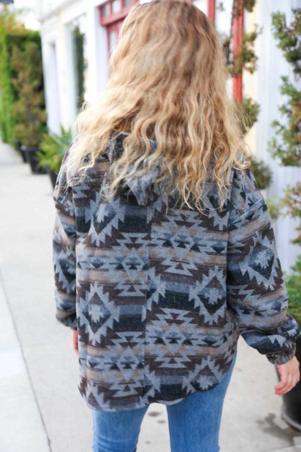 Call For You Grey Aztec Half Zip High Neck Hoodie-Evelyns Fashion