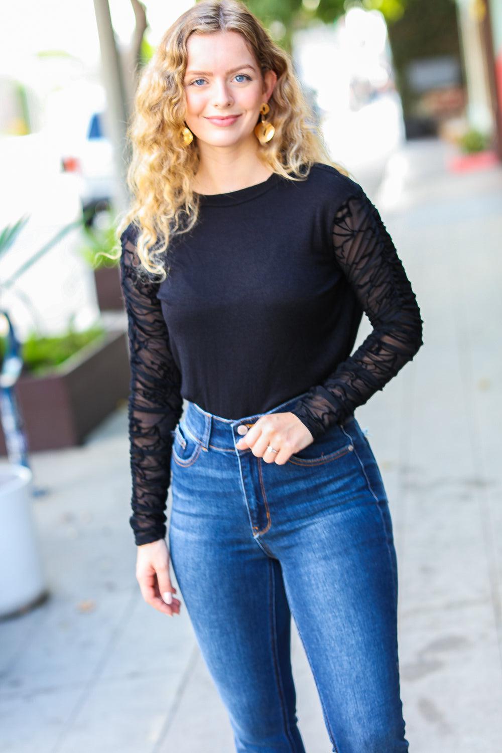 Can't Help But Love Black Shirred Velvet Mesh Blouse-Evelyns Fashion