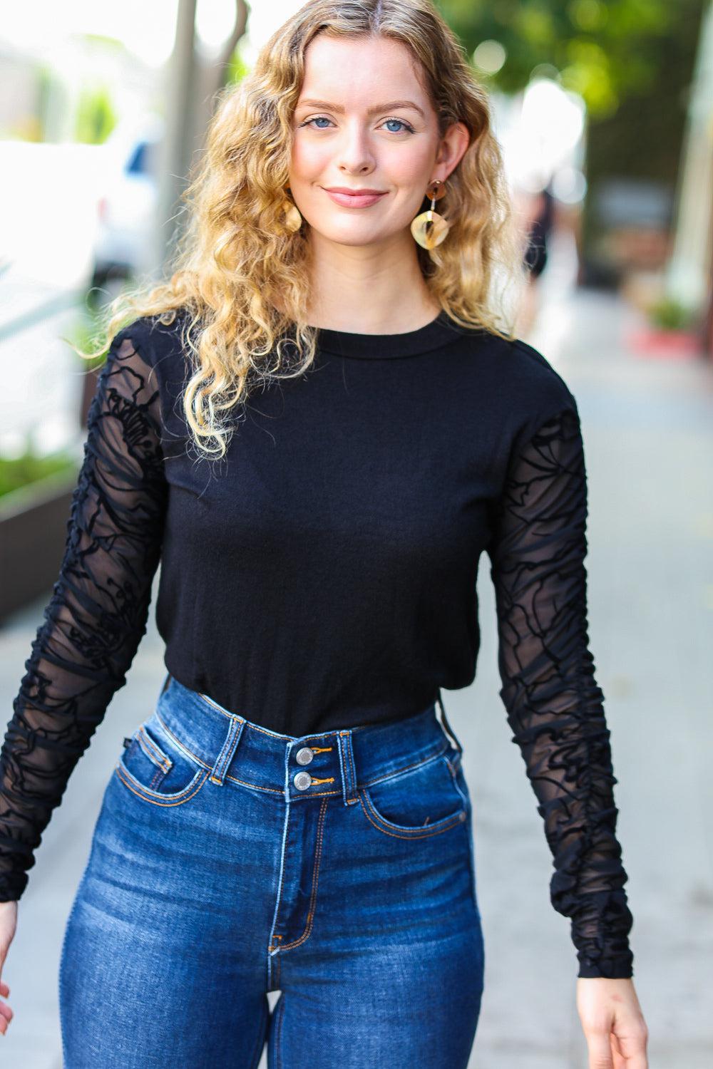 Can't Help But Love Black Shirred Velvet Mesh Blouse-Evelyns Fashion