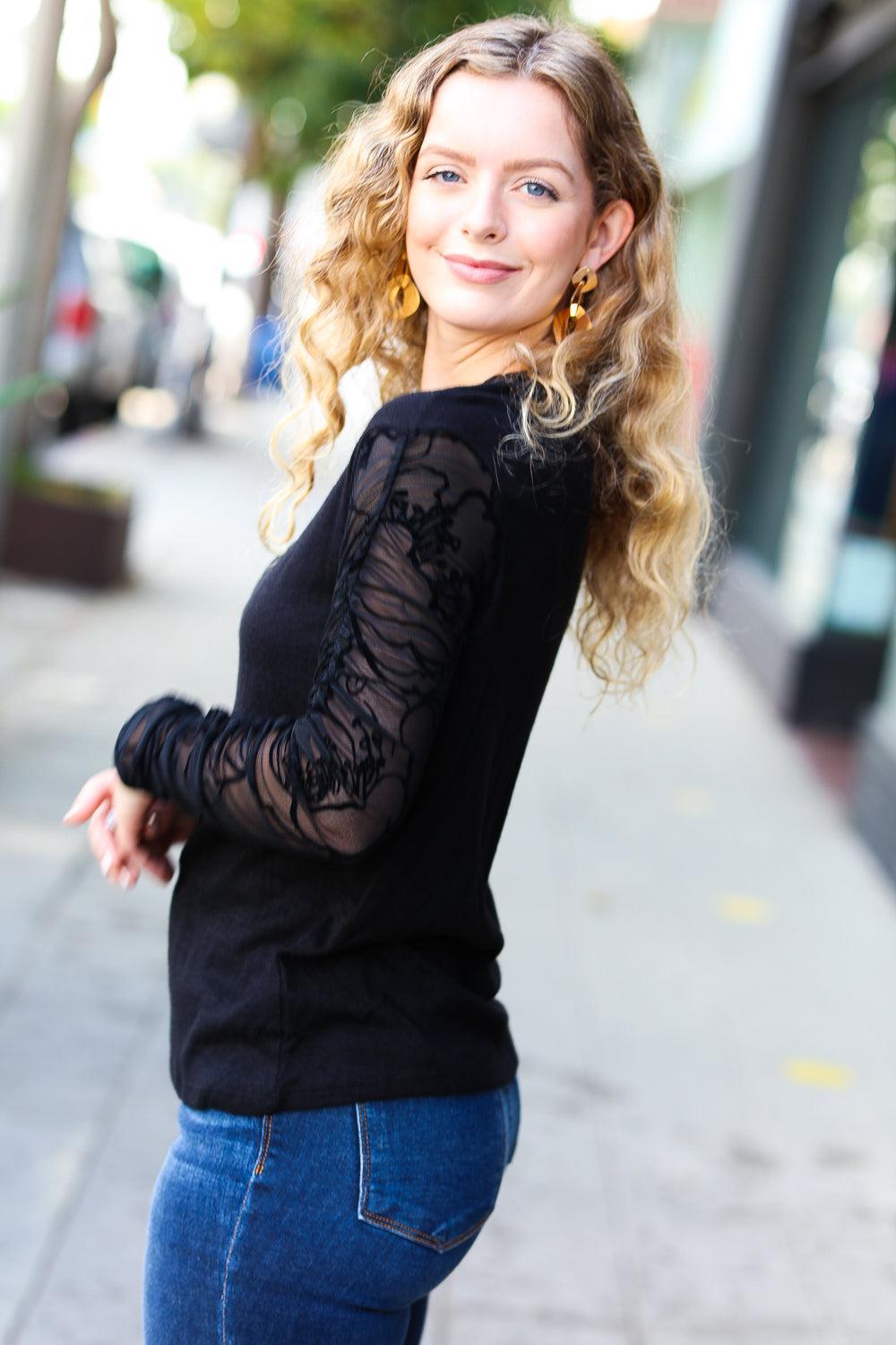 Can't Help But Love Black Shirred Velvet Mesh Blouse-Evelyns Fashion