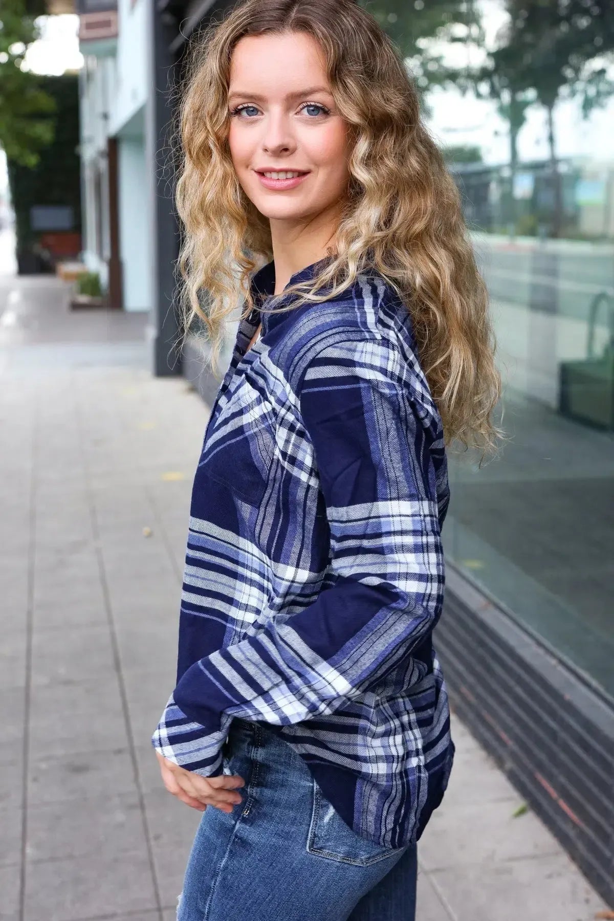 Casual Chic Blue Plaid Button Down Long Sleeve Top-Evelyns Fashion