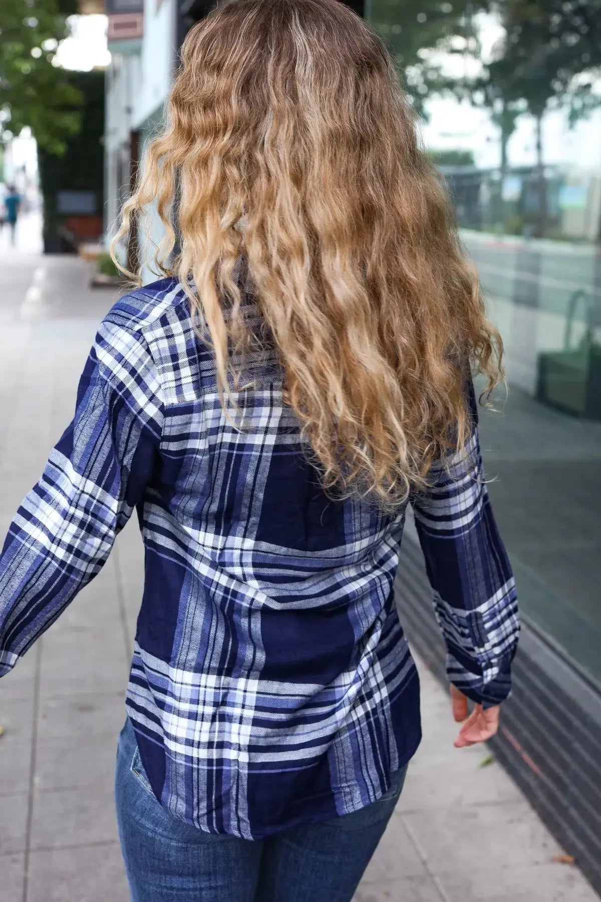 Casual Chic Blue Plaid Button Down Long Sleeve Top-Evelyns Fashion