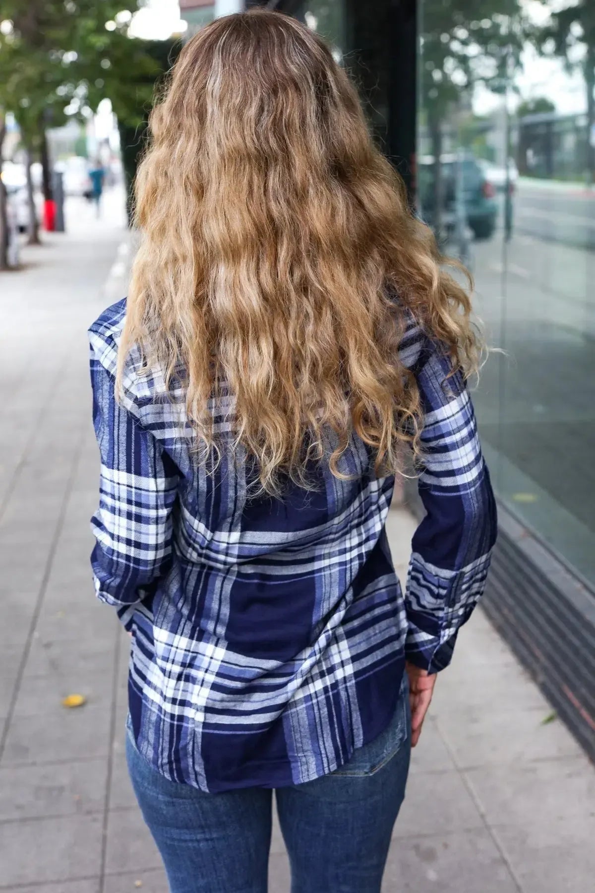 Casual Chic Blue Plaid Button Down Long Sleeve Top-Evelyns Fashion