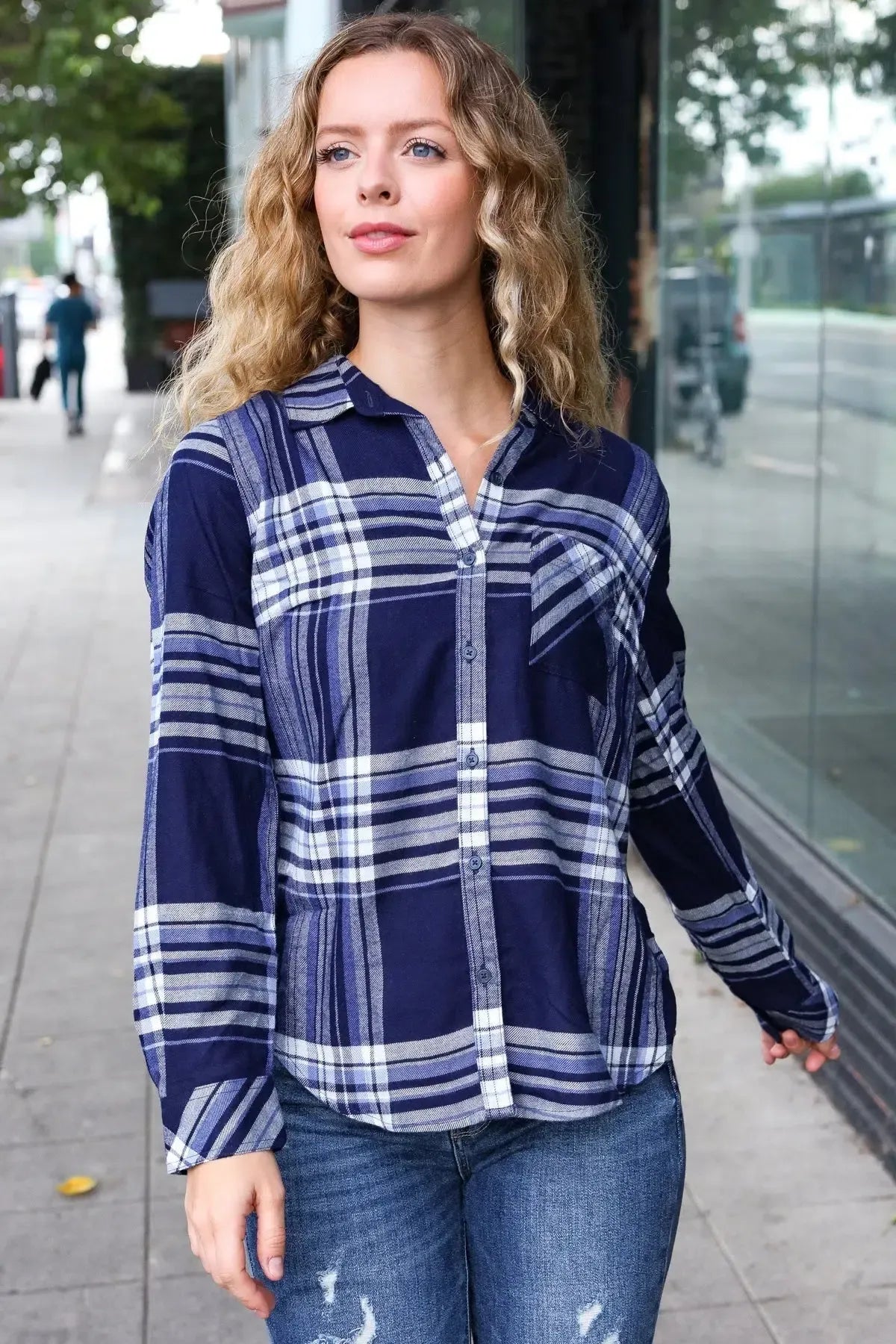 Casual Chic Blue Plaid Button Down Long Sleeve Top-Evelyns Fashion