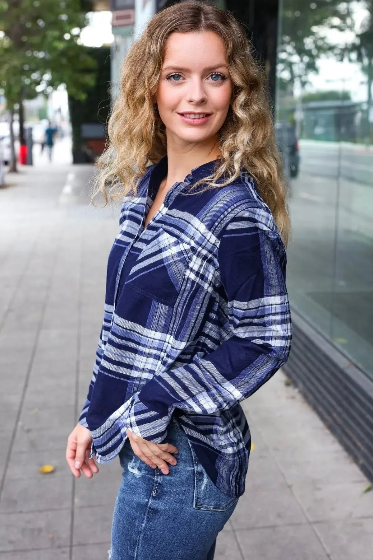Casual Chic Blue Plaid Button Down Long Sleeve Top-Evelyns Fashion