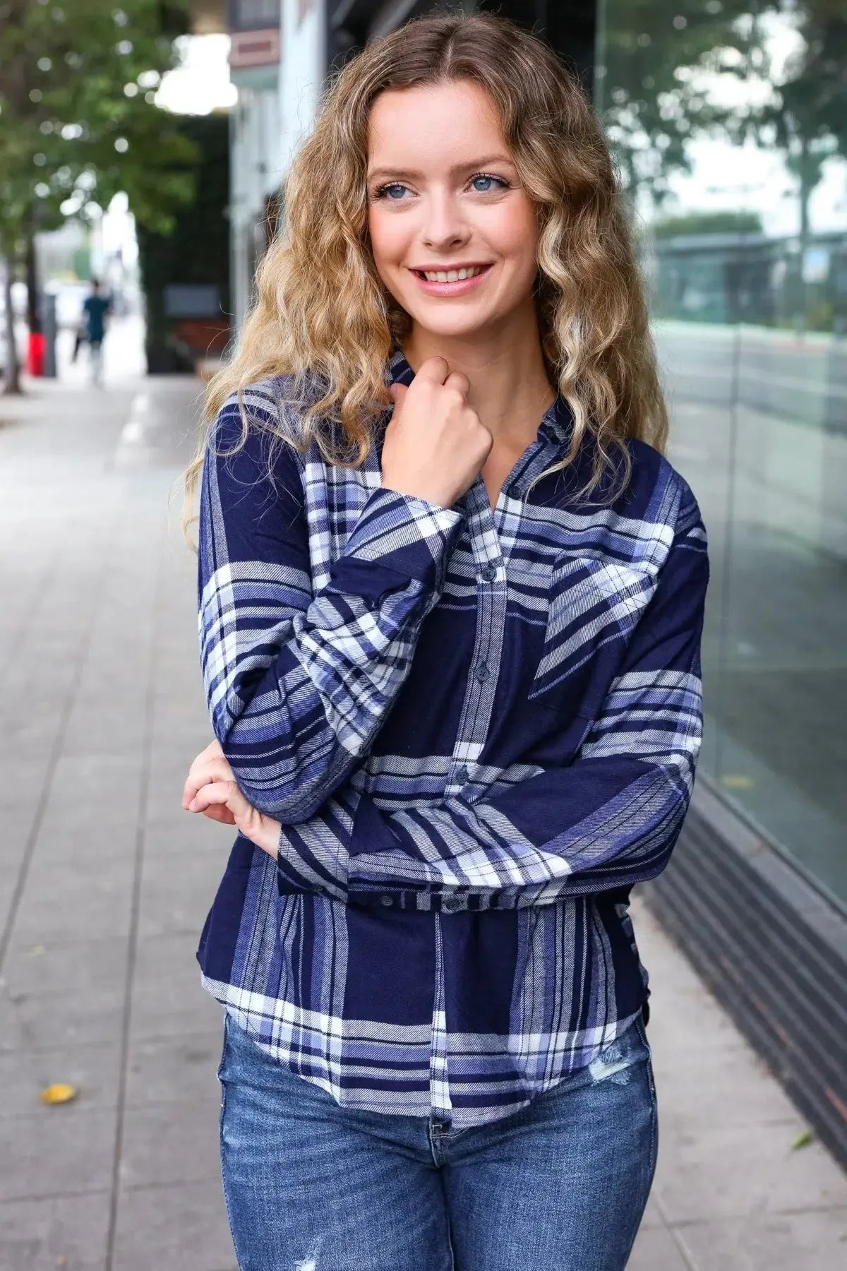 Casual Chic Blue Plaid Button Down Long Sleeve Top-Evelyns Fashion