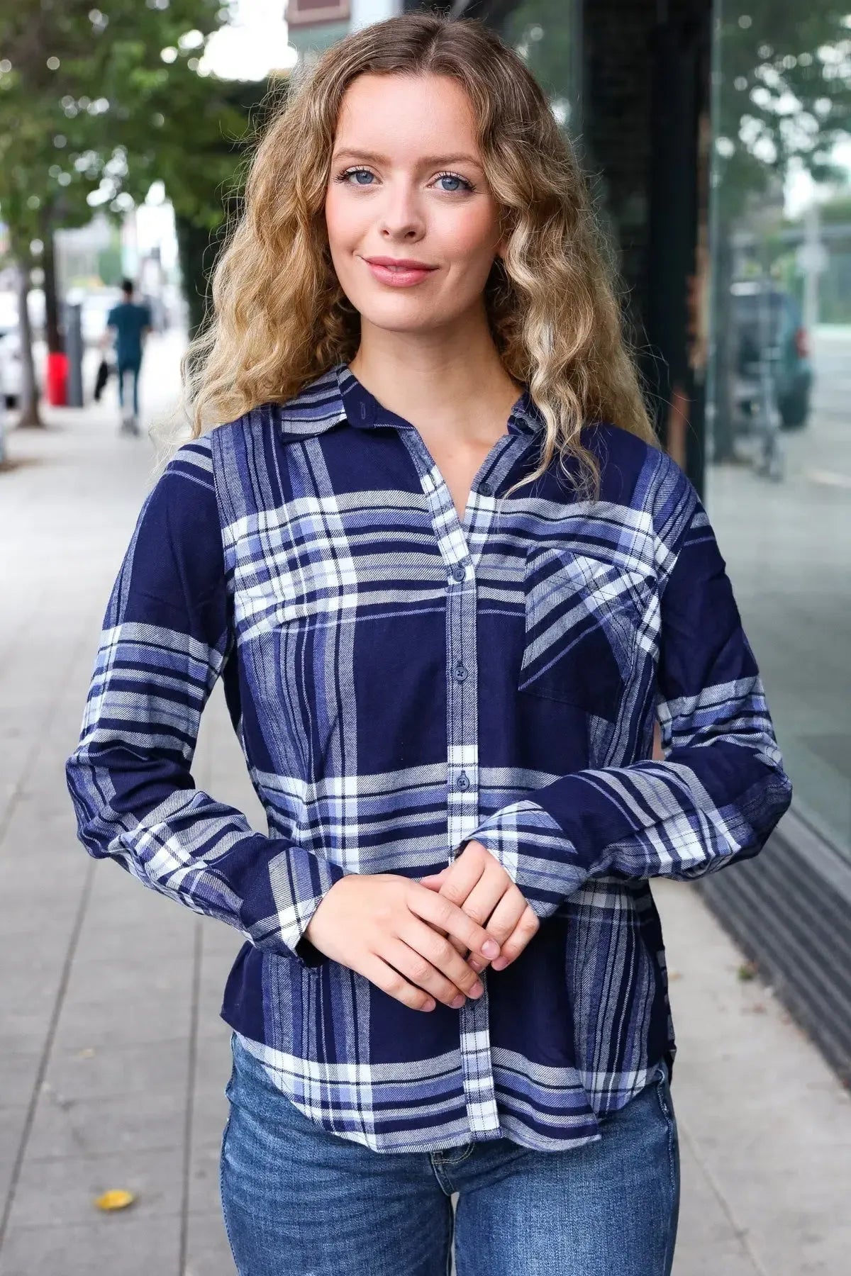 Casual Chic Blue Plaid Button Down Long Sleeve Top-Evelyns Fashion