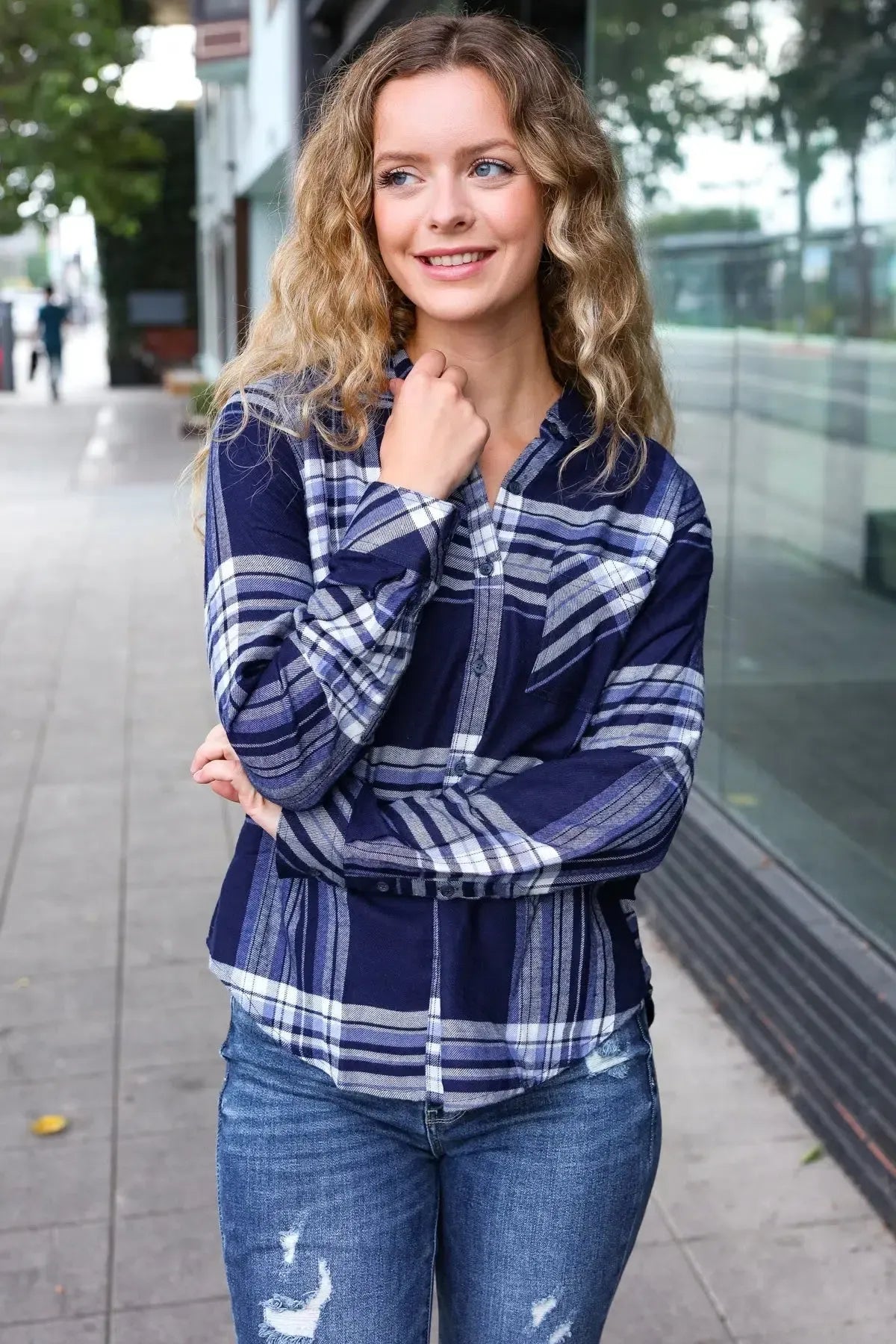 Casual Chic Blue Plaid Button Down Long Sleeve Top-Evelyns Fashion