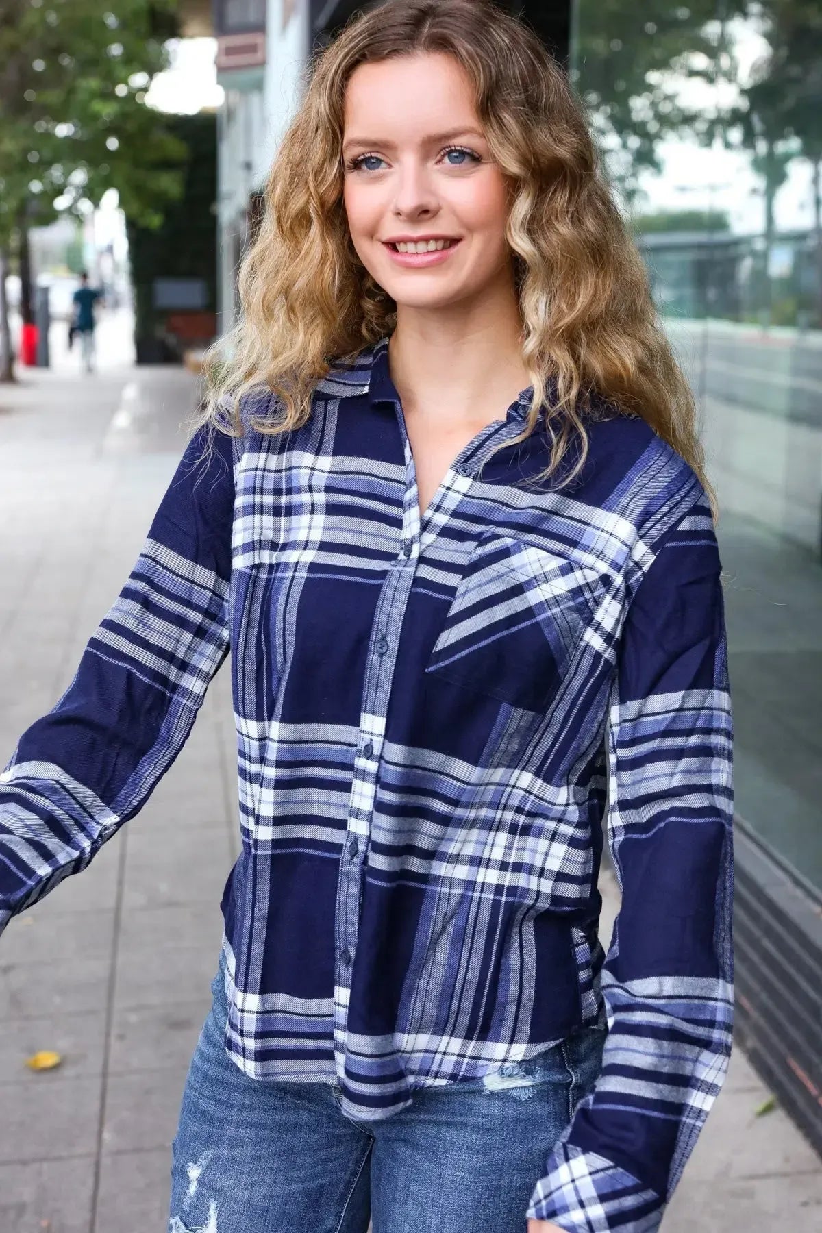 Casual Chic Blue Plaid Button Down Long Sleeve Top-Evelyns Fashion