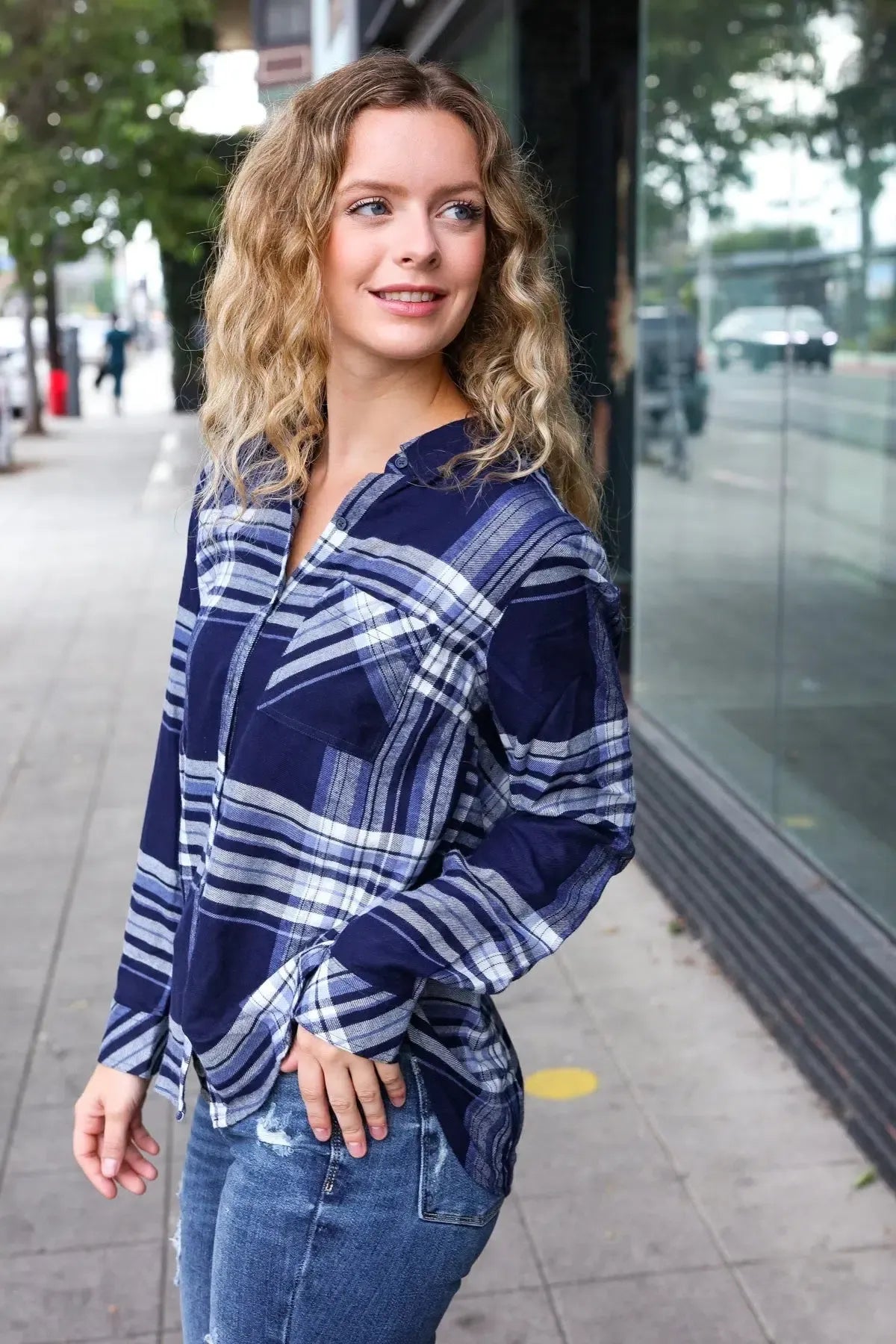 Casual Chic Blue Plaid Button Down Long Sleeve Top-Evelyns Fashion