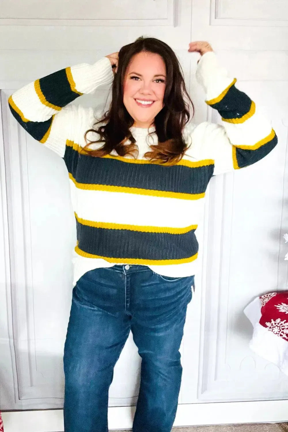 Casual Chic Yellow & Ivory Stripe Oversize Knit Sweater-Evelyns Fashion