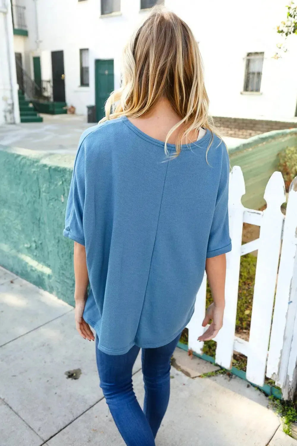 Casual Living Cotton Denim Blue Dolman French Terry Pullover-Evelyns Fashion
