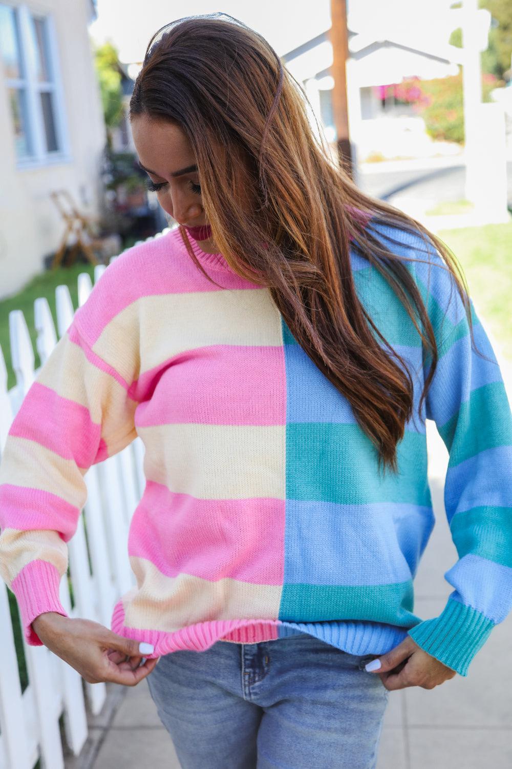 Catch Glances Blush & Blue Stripe Color Block Knit Sweater-Evelyns Fashion