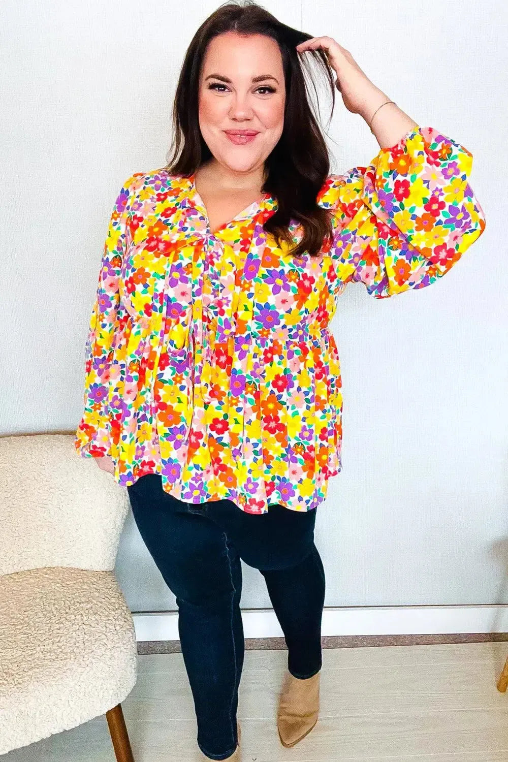 Chasing Dreams Ribbon Tie Bow Babydoll Puff Elastic Sleeve Floral Top-Evelyns Fashion